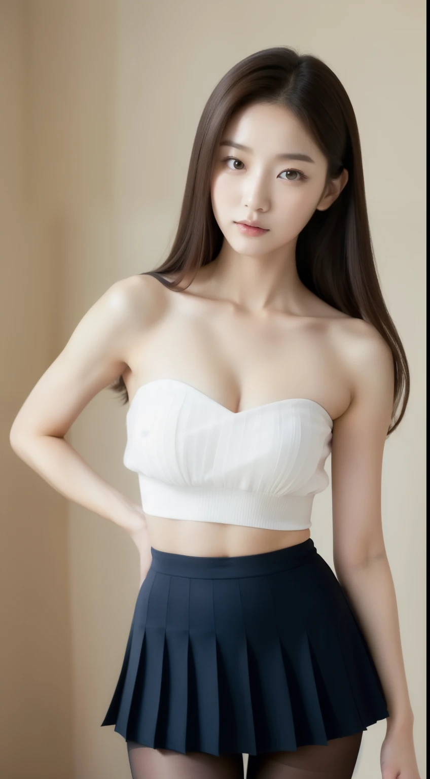 Beautiful young Korean actress, , better quality, ultra high resolution, (lifelike: 1.4), Cherry tree, anime style, Strapless top, Small pleated skirt, Uniforms, white pantyhose, underwear, bra, high jump, Perfect body, small breasts, bare breasts, stand , long golden hair, ((delicate eyes)), whole body, sexual excitement, cute pose, Thick thighs, Jung Da Eun, Delicate skin, clean skin