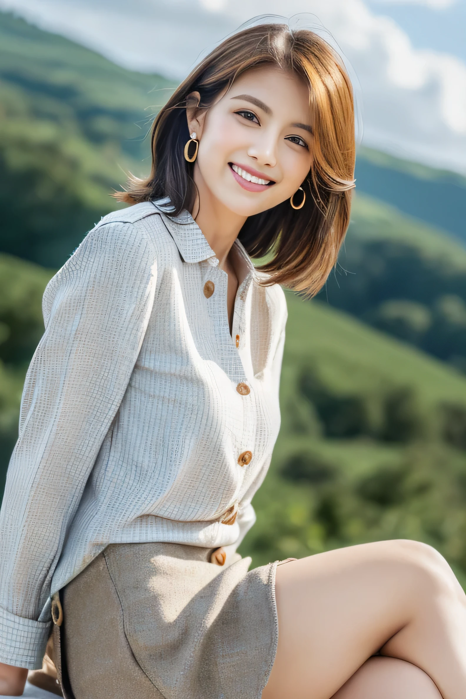 (masterpiece:1.3), high resolution, ultra detailed, extremely detailed CG unity 8k wallpaper, realistic, photo-realistic, RAW photo, beautiful detailed face, pale skin, realistic glistening skin, detailed cloth texture, detailed hair texture, Perfect body, Beautiful Face, accurate, Anatomically correct, Highly detailed face and skin texture, natural neck length, (beautiful hands), (fair skin:1.2), Thin legs, Thin feet, Detailed eyes, symmetric eyes, Light Brown eyes, Double eyelids, Thin eyebrows, (Glossy lips:1.4), ((gently smile:1.2)), (blush:1.1), (A Classy and Cute girl:1.3),fullbody shot、((full figure supermodel standing, entire body in frame))((Long straight hair_Hair reaching down to the waist:1.3))((gold necklace＿Large earrings:1.2)),((shy smile:1.3)),Pleated skirt with many checked folds、((sitting with her back to the top of the mountain_with blue sky and white clouds，rays of sunshine:1.2)),((white long sleeve button blouse_brown tweed miniskirt:1.3)),