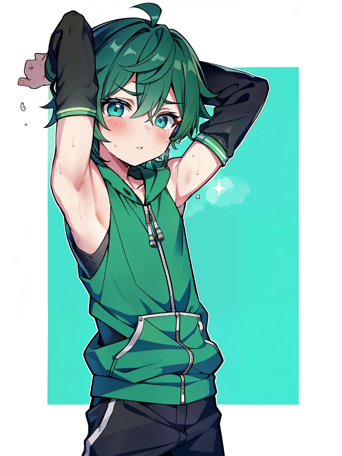 Highres, Masterpiece, Best quality at best,Best Quality,hight quality, hight detailed, 1boy, Xiao from genshin, Shota, Green hoodie with cyan stripes, Wearing headset, The hoodie is sleeveless and has an open zipper, (very small and short stature), (very young boy), (very small and short body), -yeld bo (Showing armpit:1.3), School, Sweat
