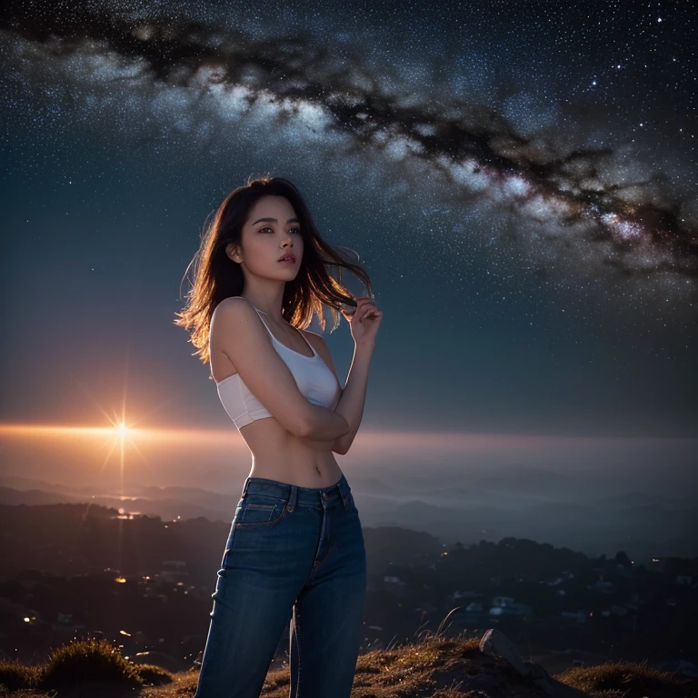 (((full medium shot))), (Masterpiece, photorealistic, photorealism, best quality, ultra-detailed:1.3), (nice hands, perfect hands), official art, cinematic light, (1girl:1.3), adult, a beautiful woman, perfect hair, crazy revealing spaghetti strap tanktop, pants, photography by (Mario Testino:1.3), model shoot, pose, (night, dark, dimly lit), (milky way:1.1), (universe in the sky:1.1), editorial photograph, dark night, film grain, depth of field, analog film style, vivid color, ((vibrant color palette, bold and saturated, emotional impact, vivid, with strong contrasts, creative and stylized lighting, movie screenshot, dramatic shadows, dreamlike, cinematography, lens flare, mist, gritty, fog)),