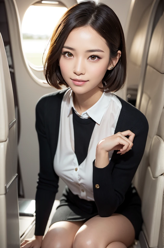 (masterpiece:1.3), High resolution, super detailed, Highly detailed CG Unity 8K wallpaper, realistic, photo-realistic, Raw photo, beautiful and detailed face, pale skin, realistic skin, fine cloth texture, detailed hair texture, perfect proportions, beautiful face, Accurate, anatomically correct, Highly detailed face and skin texture, natural neck length, (beautiful hands), (Fair skin:1.2), thin legs, thin legs, sexy thighs,
break,
fine eyes, symmetrical eyes, light brown eyes, double eyelid, thin eyebrows, (glossy lips:1.4), (Goddess smile:1.2),
break,
(classy and cute girl:1.3), (Wearing Japan Airlines' sleeveless flight attendant uniform:1.2),
(medium big breasts), (slender body shape:1.2),
(dark brown hair, wavy hair), ((short hair, asymmetrical bangs:1.2)), (upper body shot:1.2), (looking at the viewer:1.2), From above,
break,
((Kneeling in the wide aisle of first class:1.2)), (Inside a private plane:1.2),
