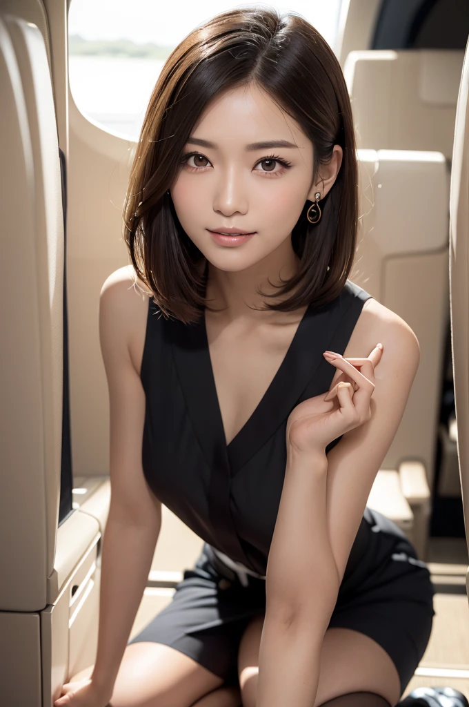 (masterpiece:1.3), High resolution, super detailed, Highly detailed CG Unity 8K wallpaper, realistic, photo-realistic, Raw photo, beautiful and detailed face, pale skin, realistic skin, fine cloth texture, detailed hair texture, perfect proportions, beautiful face, Accurate, anatomically correct, Highly detailed face and skin texture, natural neck length, (beautiful hands), (Fair skin:1.2), thin legs, thin legs, sexy thighs,
break,
fine eyes, symmetrical eyes, light brown eyes, double eyelid, thin eyebrows, (glossy lips:1.4), (Goddess smile:1.2),
break,
(classy and cute girl:1.3), (Wearing Japan Airlines' sleeveless flight attendant uniform:1.2),
(medium big breasts), (slender body shape:1.2),
(dark brown hair, wavy hair), ((short hair, asymmetrical bangs:1.2)), (upper body shot:1.2), (looking at the viewer:1.2), From above,
break,
((Kneeling in the wide aisle of first class:1.2)), (Inside a private plane:1.2),