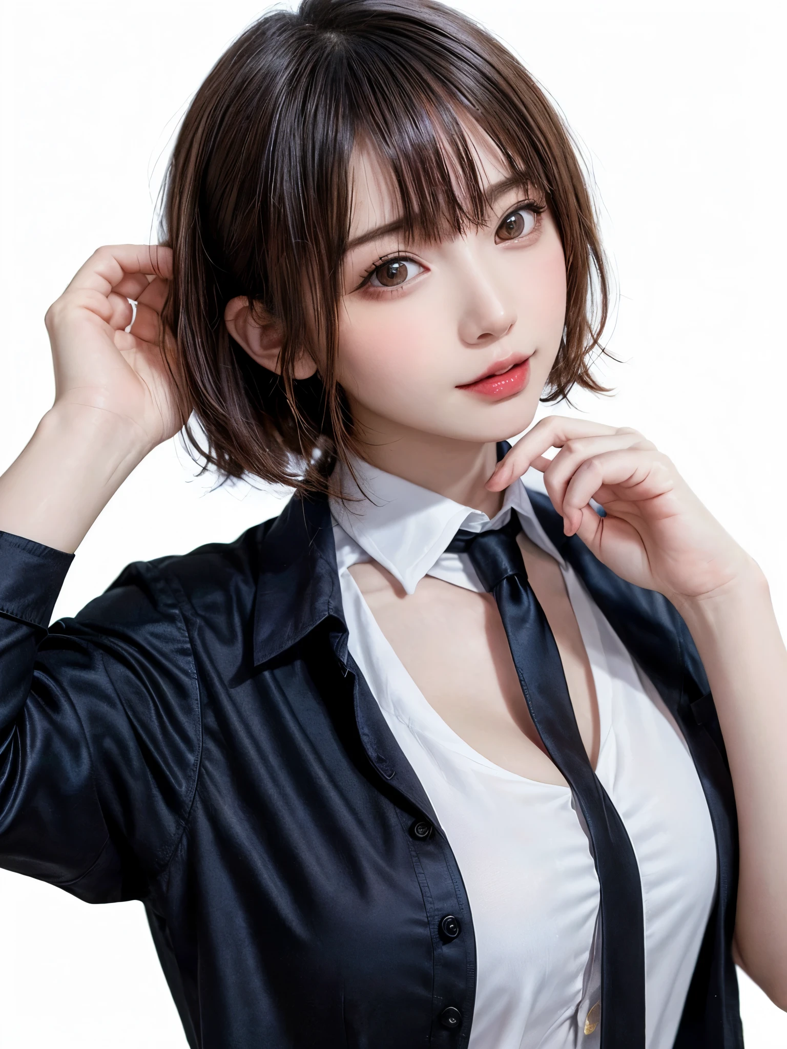 (8K、highest quality、masterpiece:1.8、bangsのあるショートボブヘア:1.8)、(genuine、genuineistic:1.5)、Super detailed、1 girl、cute、alone、sitting、 (smile:1.15)、(closed your mouth)、big breasts、gaze looking at camera、chest staring at camera、fine and beautiful eyes、big, round eyes、Clear double eyelids、eyelash、lips、(collared shirt:1.6)、(short hair:1.2)、bangs、long neck、smile、close your mouth、cute face、genuineistic skin types、genuineの質感、unbutton、Pale pink lip、There's genuinely no background、genuinely pure white background、28 years old,Natural light、上lipsが厚くない、hands down、