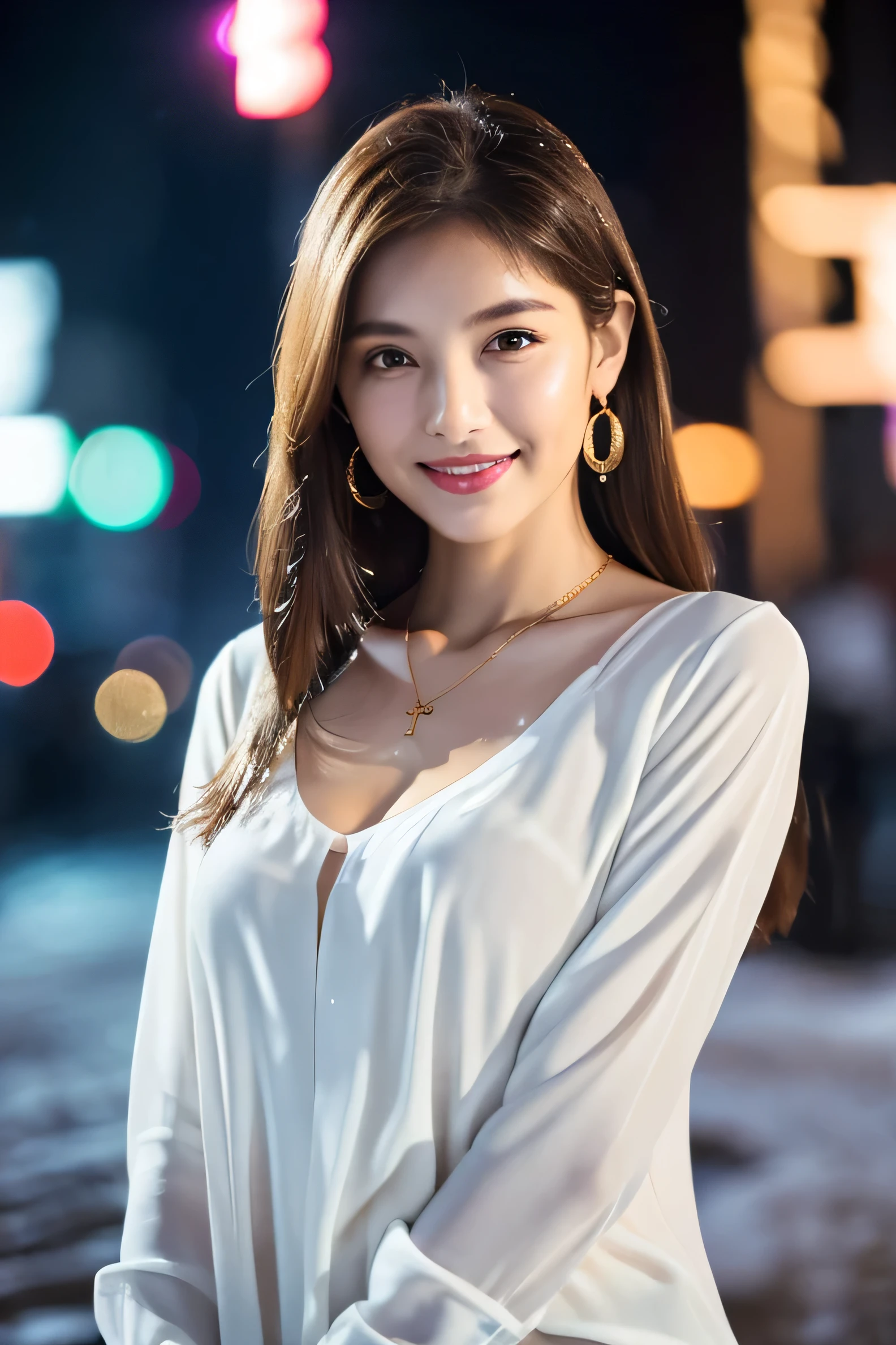 (masterpiece:1.3), high resolution, ultra detailed, extremely detailed CG unity 8k wallpaper, realistic, photo-realistic, RAW photo, beautiful detailed face, pale skin, realistic glistening skin, detailed cloth texture, detailed hair texture, Perfect body, Beautiful Face, accurate, Anatomically correct, Highly detailed face and skin texture, natural neck length, (beautiful hands), (fair skin:1.2), Thin legs, Thin feet, Detailed eyes, symmetric eyes, Light Brown eyes, Double eyelids, Thin eyebrows, (Glossy lips:1.4), ((gently smile:1.2)), (blush:1.1), (A Classy and Cute girl:1.3),fullbody shot、((full figure supermodel standing, entire body in frame))((Long straight hair_Hair reaching down to the waist:1.3))((gold necklace＿Large earrings:1.2)),((shy smile:1.3)),((Chest cleavage,Wearing a white blouse, Smooth white tight clothes suit:1.3)),((Standing outside in the snowy city street:1.3)),