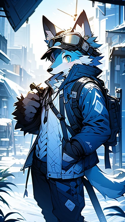 "A solitary wolf with blue fur and a white tail, standing in a surreal landscape of imprressionist style, illuminated by soft natural lighting. The wolf has a fur pattern resembling the clouds and is wearing ski goggles on its head. Its eyes are blue. Its fur is extremely detailed. The atmosphere of the image is enhanced by a hazy blue color scheme."