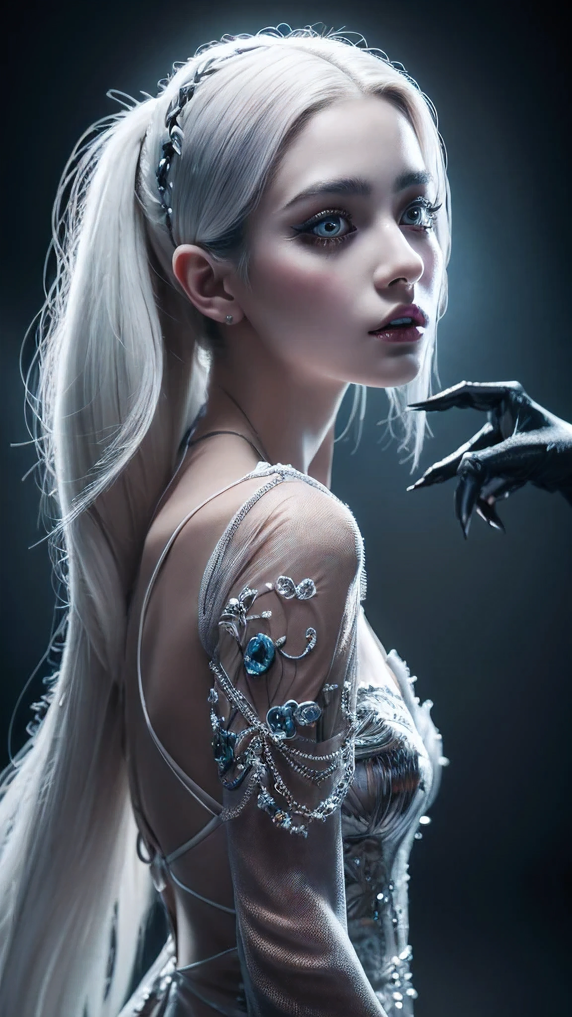 (best quality,highres,masterpiece:1.2),ultra-detailed,realistic:
"A woman with one side of her body portraying a beautiful girl, with fair skin, white hair, and smooth complexion, and the other side depicting a horrifying and demonic monster. The girl's half exudes innocence and grace, with detailed features like beautiful eyes, defined lips, and long eyelashes. She is adorned in an elegant dress that complements her ethereal beauty. The monster's half is filled with terrifying and grotesque details, featuring sharp fangs, menacing horns, and a distorted expression that strikes fear into the beholder. The stark contrast between the two halves creates a surreal and captivating image. The medium used to create this artwork can capture both the delicate features of the girl and the monstrous elements with equal precision, resulting in a hauntingly evocative piece. The lighting is strategically set to highlight the contrasting aspects of the woman's dual nature, casting shadows that emphasize her transformation. The color palette leans towards cool tones, with hints of blues and purples, adding an eerie and ethereal atmosphere to the artwork. This depiction is a fusion of beauty and darkness, showcasing the complex and multifaceted nature of the human mind."