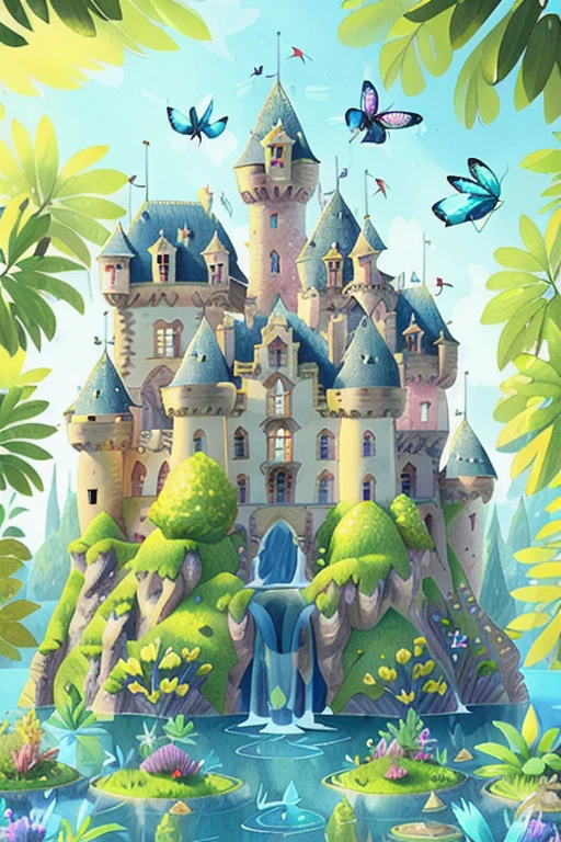 Immense chateau de princesse , surrounded by water , 20 papillon volant autour (best quality,Ultra-detailed,Realistic:1.37),dazzling sunlight,Couleurs chaudes,ombres douces(portraits)