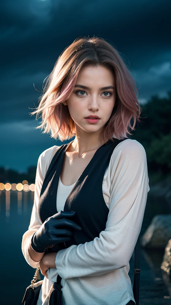 1 girl, casual clothes, princess, tie, gloves, outdoor, sky, full moon, rain, pink hair, forehead showing, short hair, blue eyes, standing, night sky, sideways, reflection, long hair, overcast sky, {{(art teacher) , (extremely detailed CG unit 8k wallpaper), best quality, solo, 1 girl, cinematic lighting, detailed background, beautiful detailed eyes, bright pupils (extremely delicate and beautiful), (beautiful and detailed description of the eye) , ultra detailed, masterpiece,}},
