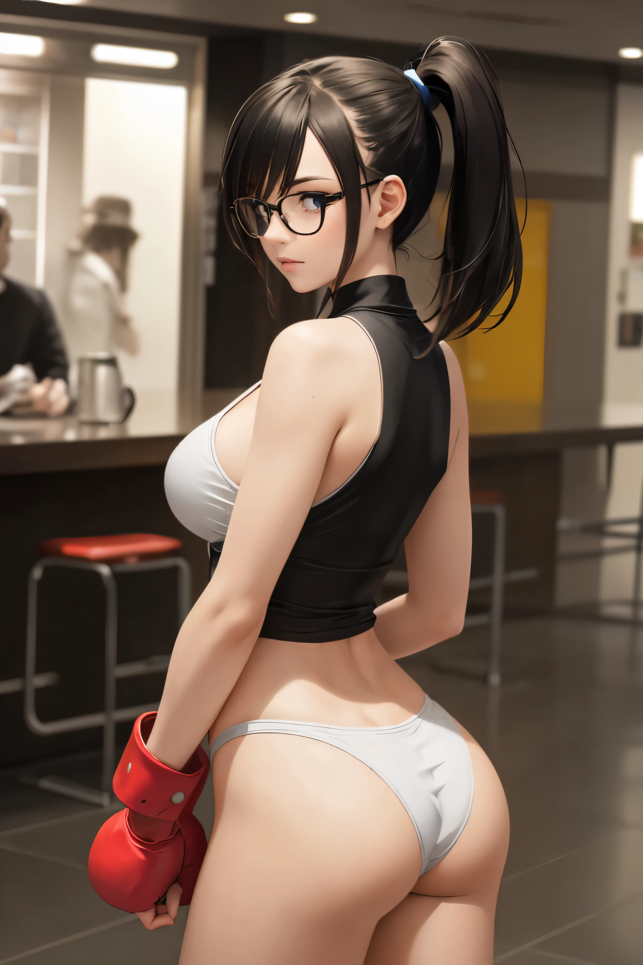 Wide angle shot, rear view, beautiful female street fighter, wearing large glasses, black undercut hair, wearing large steel knuckles
