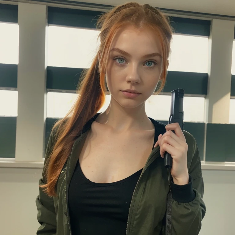 Slim, 1girl, orange ginger hair, hair in ponytail, holding gun, green eyes, slight freakles, soft features, pale, purple lacy top, black jacket, in school background