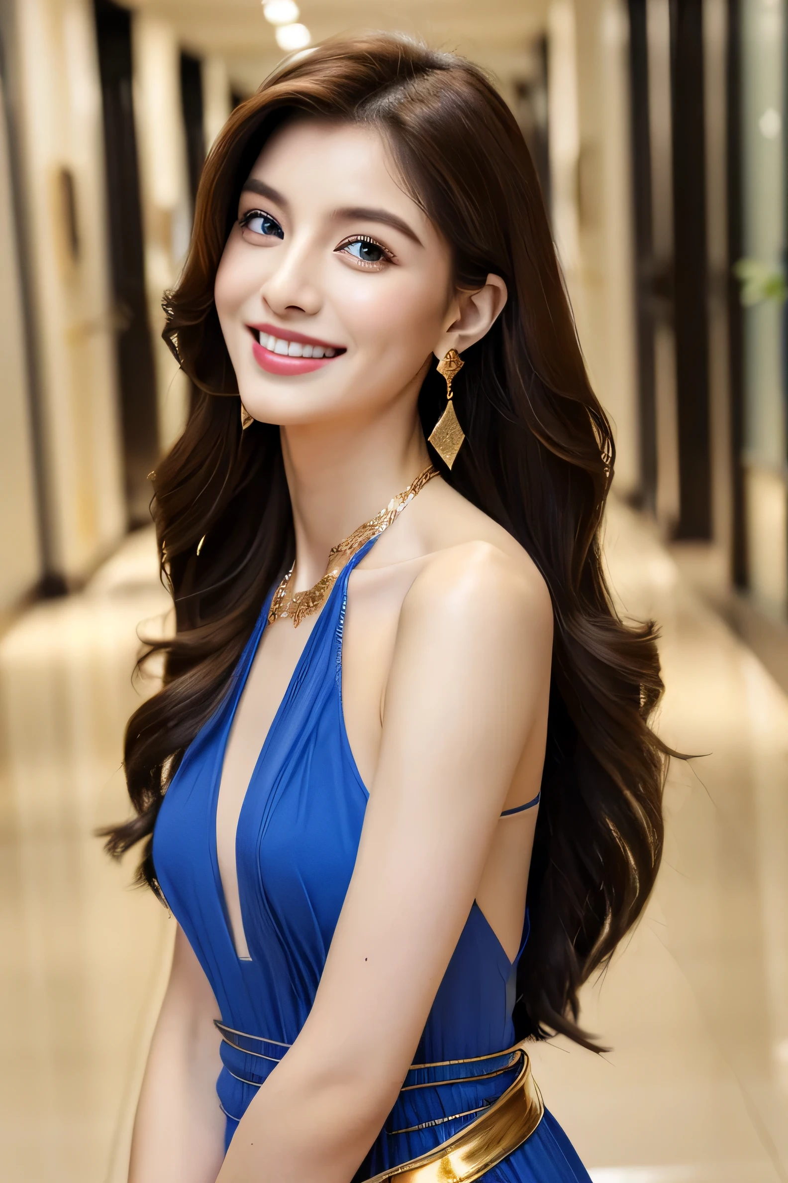 (masterpiece:1.3), high resolution, ultra detailed, extremely detailed CG unity 8k wallpaper, realistic, photo-realistic, RAW photo, beautiful detailed face, pale skin, realistic glistening skin, detailed cloth texture, detailed hair texture, Perfect body, Beautiful Face, accurate, Anatomically correct, Highly detailed face and skin texture, natural neck length, (beautiful hands), (fair skin:1.2), Thin legs, Thin feet, Detailed eyes, symmetric eyes, Light Brown eyes, Double eyelids, Thin eyebrows, (Glossy lips:1.4), ((gently smile:1.2)), (blush:1.1), (A Classy and Cute girl:1.3),fullbody shot、((full figure supermodel standing, entire body in frame))((wearing royal blue halter dress, stiletto heels), ((Long straight hair_Hair reaching down to the waist:1.3))((gold necklace_Large earrings:1.2)),((shy smile:1.3)),((Strongly blurred beautiful office corridor background:1.1)、The most natural and perfect office hallway、perfectly organized hallway、