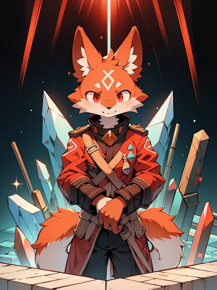 crystal, Star Fox, male, (detailed), fluffy, alone, , lifelike, ((clear structural details)), Meticulous and pragmatic, delicate eyes, (Reddish-orange-red pupils), ((Blood-red eyes)), upscale, high detail, fine fur, ((The tail is in the right position) , ,Army artillery captain standing on the Great Wall,standard36Officer Field(Long pointed collar),The military color is red。juvenile