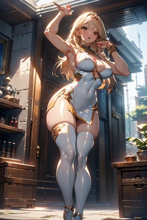 from below,extreme close-up,(kung fu pose:1.2),(ultra detailed skin),curvy,,beautiful breasts,large breasts,pale skin,pointy breasts,erect nipples,(fantasy art,Highest image quality,Hyperrealist portrait,(8k),ultra-realistic,best quality, high quality, high definition, high quality texture,high detail,beautiful detailed,fine detailed,extremely detailed cg,detailed texture,a realistic representation of the face,masterpiece,Sense of presence,Dynamic,bold),(thin hair),(soft hair),(straight hair:1.5),Swept long bangs,extra light coppery amber hair,hair over one eye,See-through dress with asymmetrical embroidery,tight mini skirt,stockings,Engineer boot