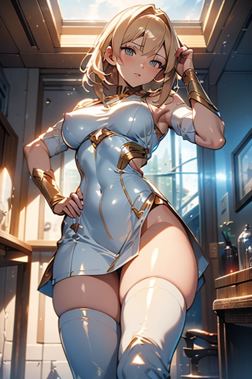 from below,extreme close-up,(kung fu pose:1.2),(ultra detailed skin),curvy,,beautiful breasts,large breasts,pale skin,pointy breasts,erect nipples,(fantasy art,Highest image quality,Hyperrealist portrait,(8k),ultra-realistic,best quality, high quality, high definition, high quality texture,high detail,beautiful detailed,fine detailed,extremely detailed cg,detailed texture,a realistic representation of the face,masterpiece,Sense of presence,Dynamic,bold),(thin hair),(soft hair),(straight hair:1.5),Swept long bangs,extra light coppery amber hair,hair over one eye,See-through dress with asymmetrical embroidery,tight mini skirt,stockings,Engineer boot