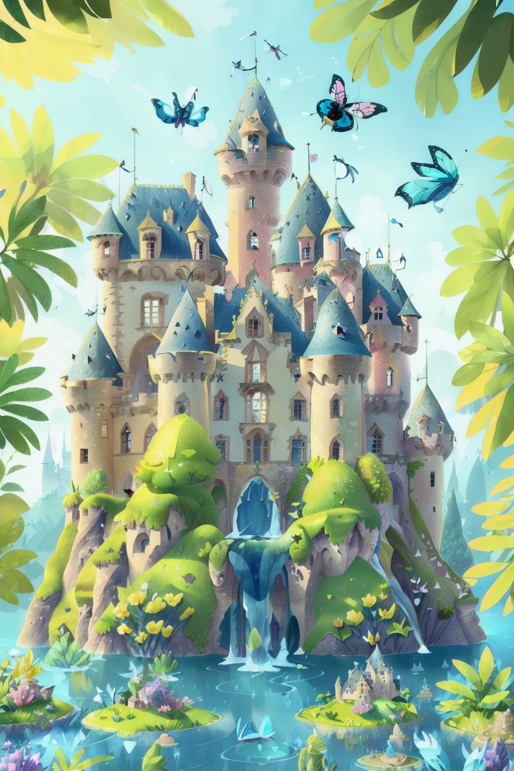 Immense chateau de princesse , surrounded by water , 20 papillon volant autour (best quality,Ultra-detailed,Realistic:1.37),dazzling sunlight,Couleurs chaudes,ombres douces(portraits)