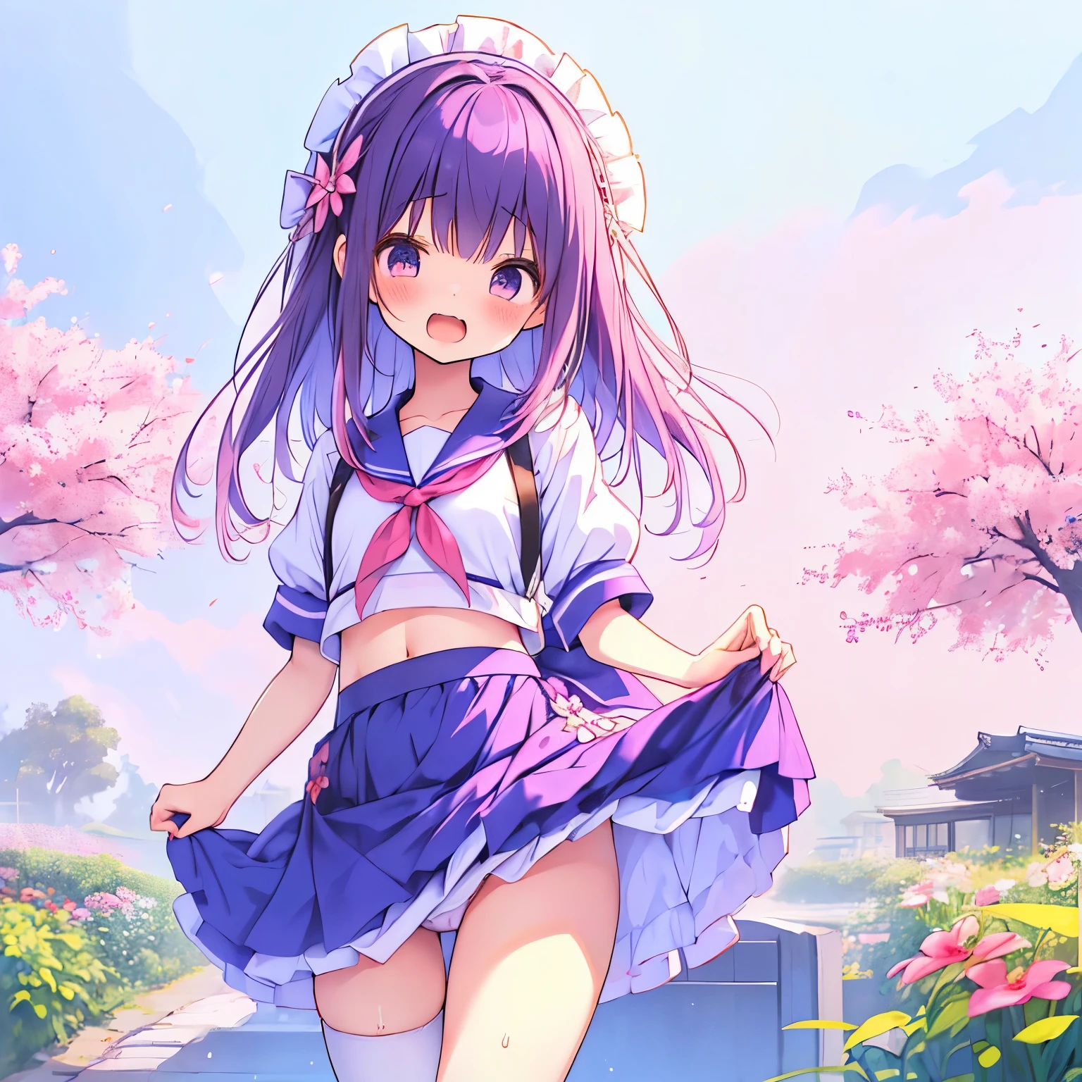 ((日本人のgirl1人、aldult)), ( petite)), twin tailasterpiece, 最high quality, high quality, Highly detailed 8K wallpaper,flower garden、picnic、Purple Hair、Tropics、intense heat、heavy breathing、Breathing、Sweat、cute girls、Cute Japanese maid、Kappogi、ruffle apron、dynamic pose、Pick up the skirt、(open your mouth、Small fangs)、small breasts、Waiting for orders、No correction、Wave、(girl、Classmate、squid belly、pink wearing)、(No underwear)、beautiful flat chest、(激しいSweat)、(Saliva volume:1.4)、(female 、Cute belly、Before menarche、Swelling belly、cute pants)、(Stroking the stomach:2)、(A face that looks comfortable、beautiful face)、(Serving)、(Trembling in the lower back:2)、Life-size、in front of the camera、Walking with your legs together、skip