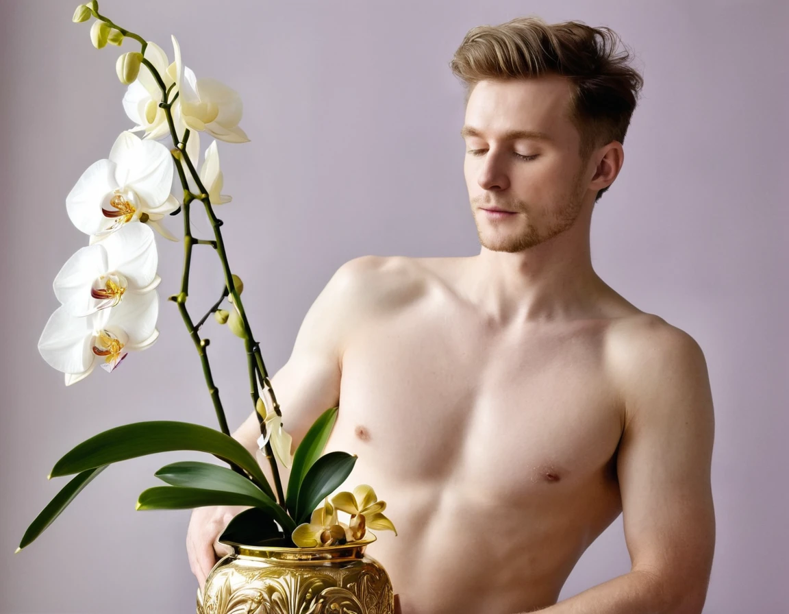 Naked white man with a gold vase in his hands, in the vase there is an orchid
