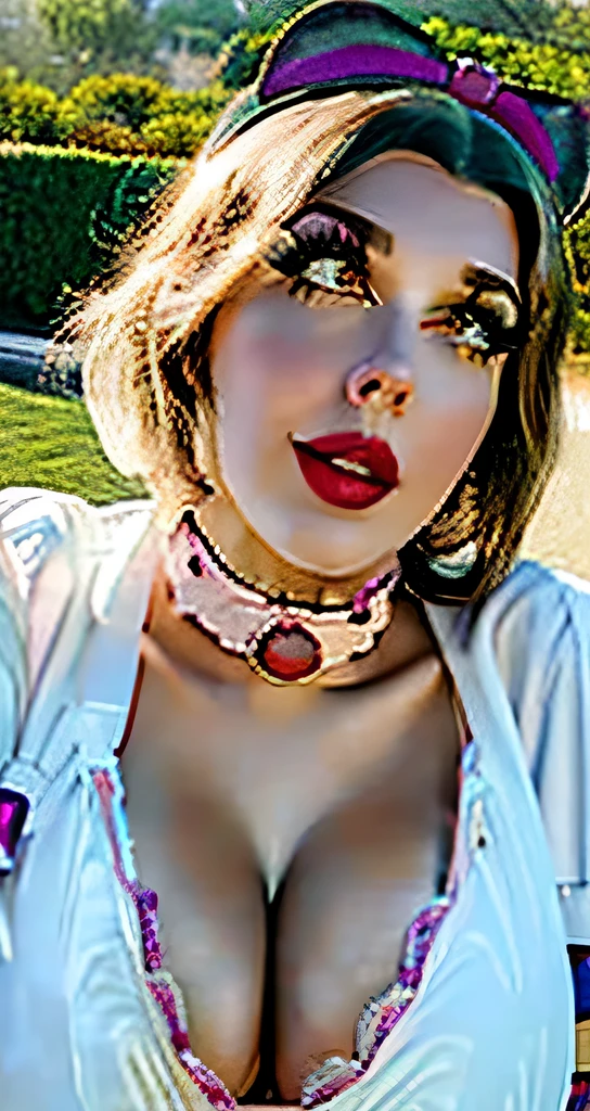 DisneySnowWhite, bow, makeup, puffy short sleeves, hairband, (detailed eyes:0.8), (detailed lips:0.8), blush, textured skin, hourglass figure, (photorealistic:1.2), (warm colors, low contrast, 8k, high quality, shot on Fujifilm X-T4, 85mm f1.2), gigantic breasts, (colorful dress with high collar:1.2), walking in a rose garden, evening, fog, mist, cleavage, (huge saggy breasts:1.2), ahegao, nsfw, partially nude, lewd, (breasts out:1.2), (((thick nipple))), (((naked))), (((nude))), ahegao, voluptuous, bbw, happy