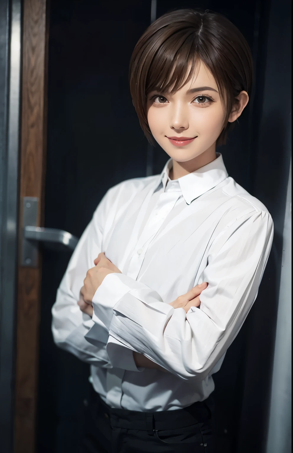 One girl,(Wearing a white blouse:1.2),(Wearing a jacket),(RAW Photos, Highest quality), (Realistic, photo-Realistic:1.4), masterpiece, Very delicate and beautiful, Very detailed, 2k wallpaper, wonderful, In detail, Very detailed CG unity 8k wallpaper, Very detailed, High resolution, Soft Light, Beautiful detailed girl, Very detailed eyes and face, Beautifully detailed nose, Beautiful attention to detail,Cinema Lighting,City lights at night,Perfect Anatomy,Slender body,smile,(short hair:1.3)