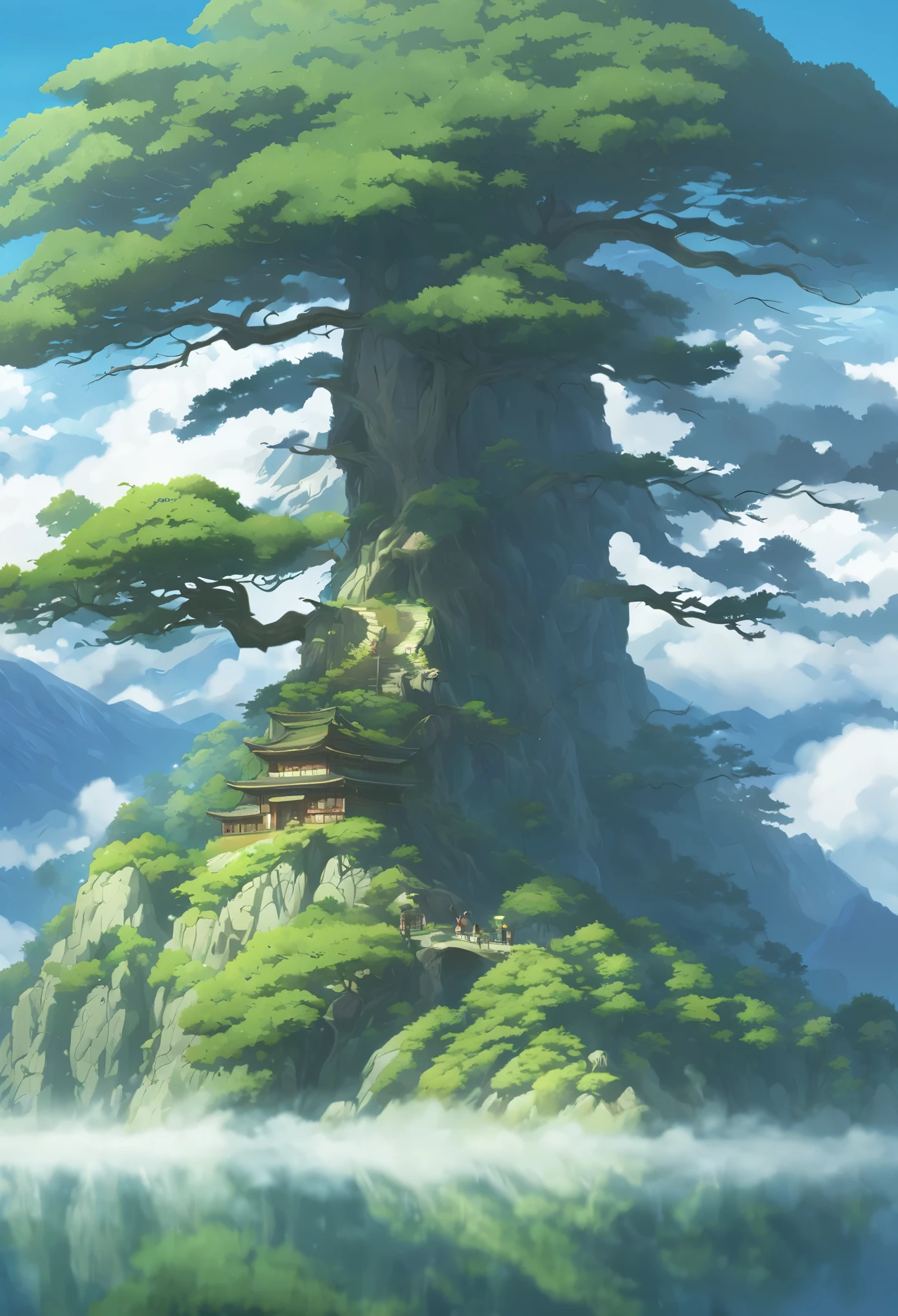Mountainous Divine Pine Tree, Massive Pine Tree towering over mountains with fog below, Pine Tree, Green and White color scheme only, Green and White colors only, Green and White, Made in Abyss, Stormlight Archive, Studio Ghibli, Anime Key Visual, by Makoto Shinkai, Deep Color, Intricate, 8k resolution concept art, Natural Lighting, Beautiful Composition