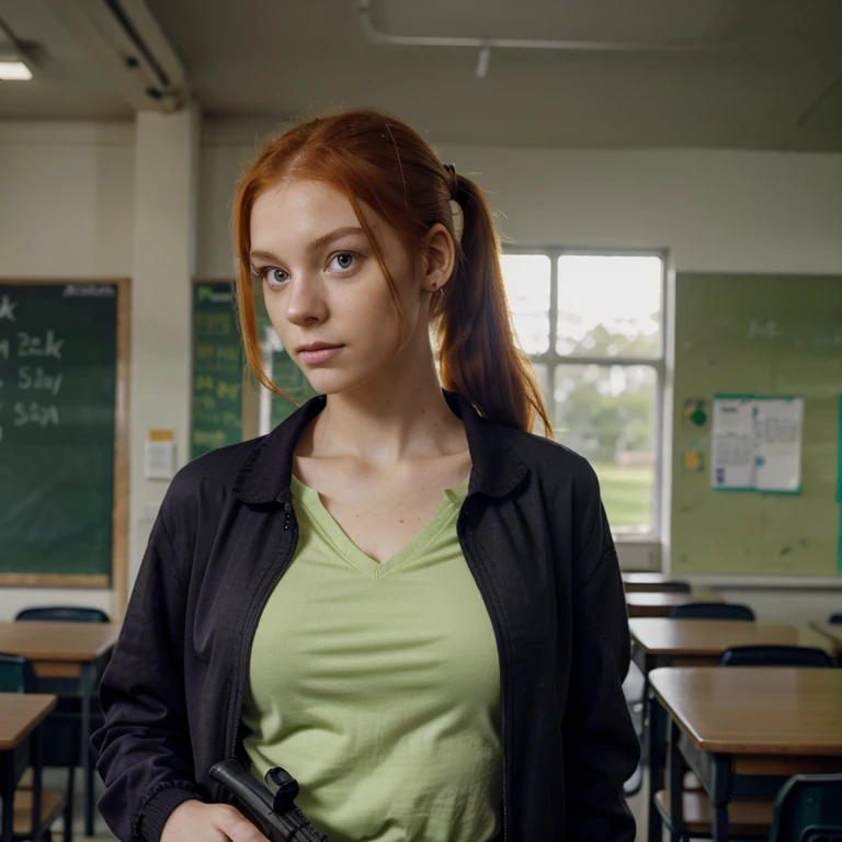 Slim, 1girl, orange ginger hair, hair in ponytail, holding gun, green eyes, slight freakles, soft features, pale, purple lacy shirt, black jacket, in school background
