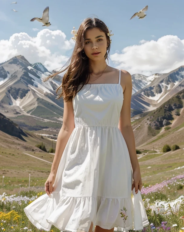 give me an illustration of a woman standing straight facing the camera, Only half of his body is visible, wearing a white dress, her face covered with flowers,Behind it there is a beautiful view of mountains and clouds and birds around it. 4K image quality, clear and not grainy