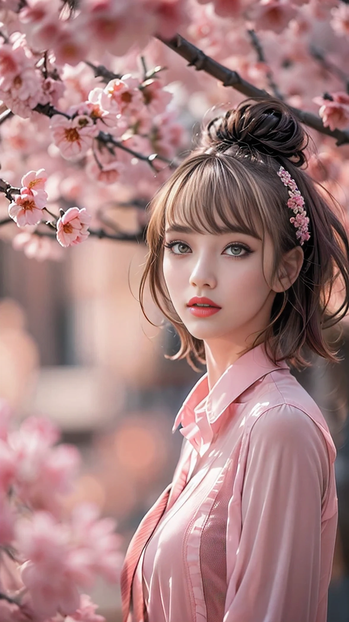 Divide Ratio : 1,1,1 Base Ratio: (portrait),beauty (mixed girls) in (highly detailed 32k absurd art of a ((girl 18-year-old)) ),fashion supermodel,(best high quality real texture skin:1.3),((ebony skin female:1.2)),(best quality texture hair:1.4),BREAK,((short bright dark hair((bangs swept to the side)) extremely detailed:1.3)),((outside,an orchard of blooming cherry trees:1.3)),(best high quality:1.33),(photo realistic:1. 45),(Hyper realistic:1.45),((sharp focus)),(highest resolution),((soft neon lighting on the face and body)),(perfect proportions),(anatomically correct),(perfect female body),(firm normal full breasts:1.3),slim face,beautiful cheekbones,((slim,swell-muscled body:1.24)),(Super beautiful face),(realistic face),(highly detailed face:1.4),absurd(ultra detailed eyes), finely detailed face,finely quality eyes,(tired and sleepy and satisfied:0.0),(close up of a woman's eye with a digital rendering),realistic eyes,perfect round eyes,finely detailed pupils,(black_eyes:1.28),BREAK,detailed lips:1.3,(pink_lipstick:1.2),pink_makeup:1.22, long_blue_eyeliner:1.18, perfect dark_eyeshadows:1.4, ((there a close up of a woman's)), (super detailed makeup on eyes:1.3), iridescent eyes, with professional makeup, vibrant eyes:1.2, (Detailed nose:1.2),BREAK,(super extravagant (Pink collared blouse shirt)),BREAK,((wear dark_red tie:1.2)),small head:1.4, ((ornament red ribbon on head)),exquisite balance of shadows,perfect composition,((upper body shot:1.3)),((look at the viewer)), Hasselblad, 50mm f/2.2