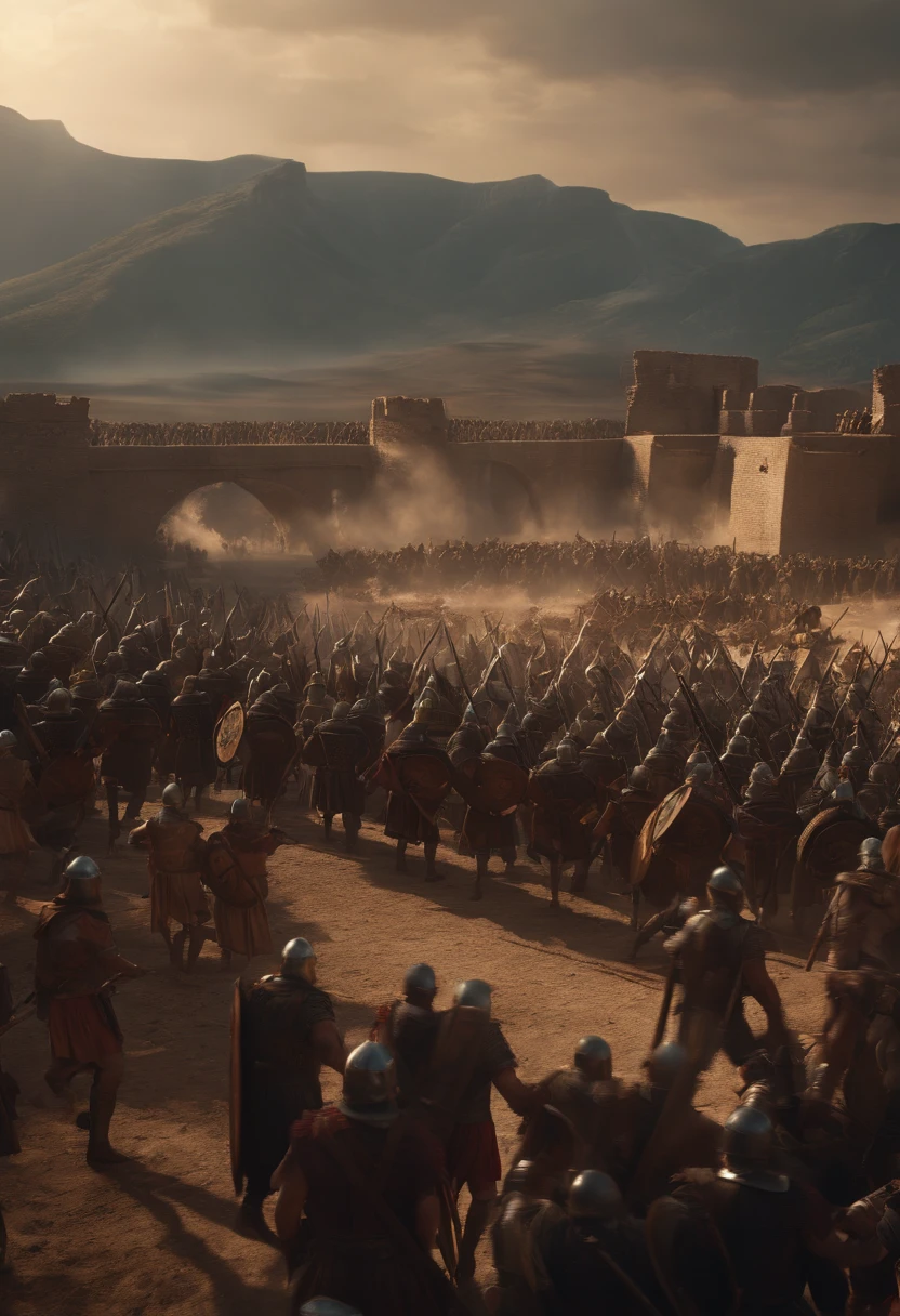 A hauntingly realistic and detailed scene of huns armies clashing with ancient Roman soldiers. Ruins of magnificent infrastructure lie in the background as the savage armies seize and clash over precious lands. The bones of fallen heroes litter the ground as the sun sets, casting long, menacing shadows in the decrepit battlefield, masterpiece, cinematic lighting, physically based rendering, lens flare, award winning rendering, perfect rendering detail, 8K, realism, detailed background, everything in detail, cinematic shot, dynamic lighting, 75mm, Technicolor, Panavision, cinemascope, fine details, 8k, HDR, realism, realistic, key visual, film still, superb cinematic color grading, depth of field,