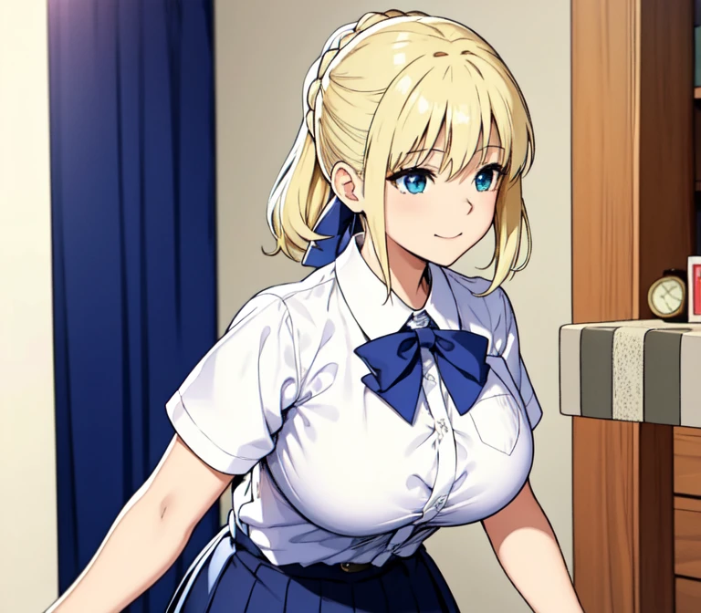 one very young slim fit girl, full height, rounded face, big blue eyes, shy smile, perfect huge breasts, pioneer neckerchief, micro tight blue pleated skirt, bangs, tight white shirt, short sleeves, collared shirt, belt, red neckerchief, breast pocket, braid, hair ribbon, blue ribbon, short curly fluffy blonde hair, saber, She is kissing her boyfriend, romantic, love,