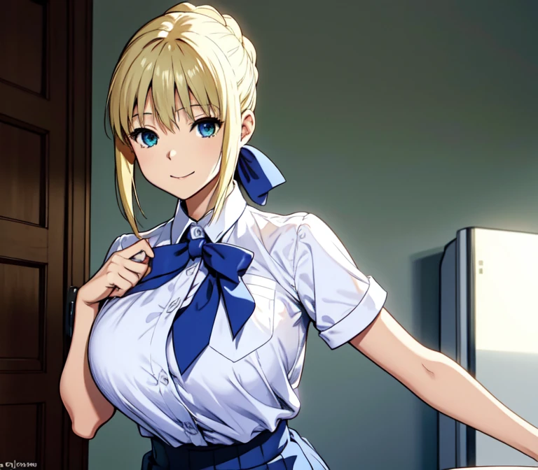 one very young slim fit girl, full height, rounded face, big blue eyes, shy smile, perfect super huge , pioneer neckerchief, micro tight blue pleated skirt, bangs, tight w short sleeves, collared shirt, belt, red neckerchief, breast pocket, brair ribbon, blue ribbon, short curly fluffy blonde hair, saber
