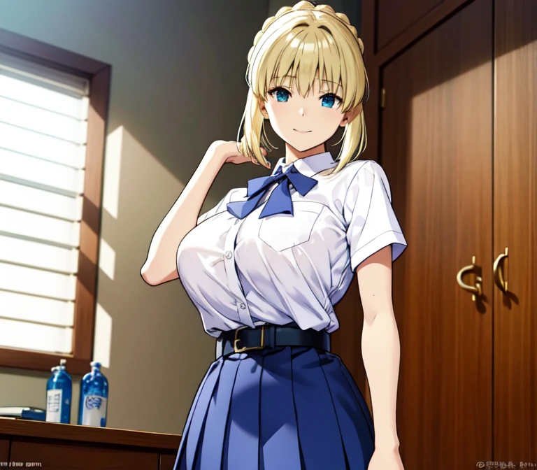 one very young slim fit girl, full height, rounded face, big blue eyes, shy smile, perfect super huge breasts, pioneer neckerchief, micro tight blue pleated skirt, bangs, tight white shirt, short sleeves, collared shirt, belt, red neckerchief, breast pocket, braid, hair ribbon, blue ribbon, short curly fluffy blonde hair, saber