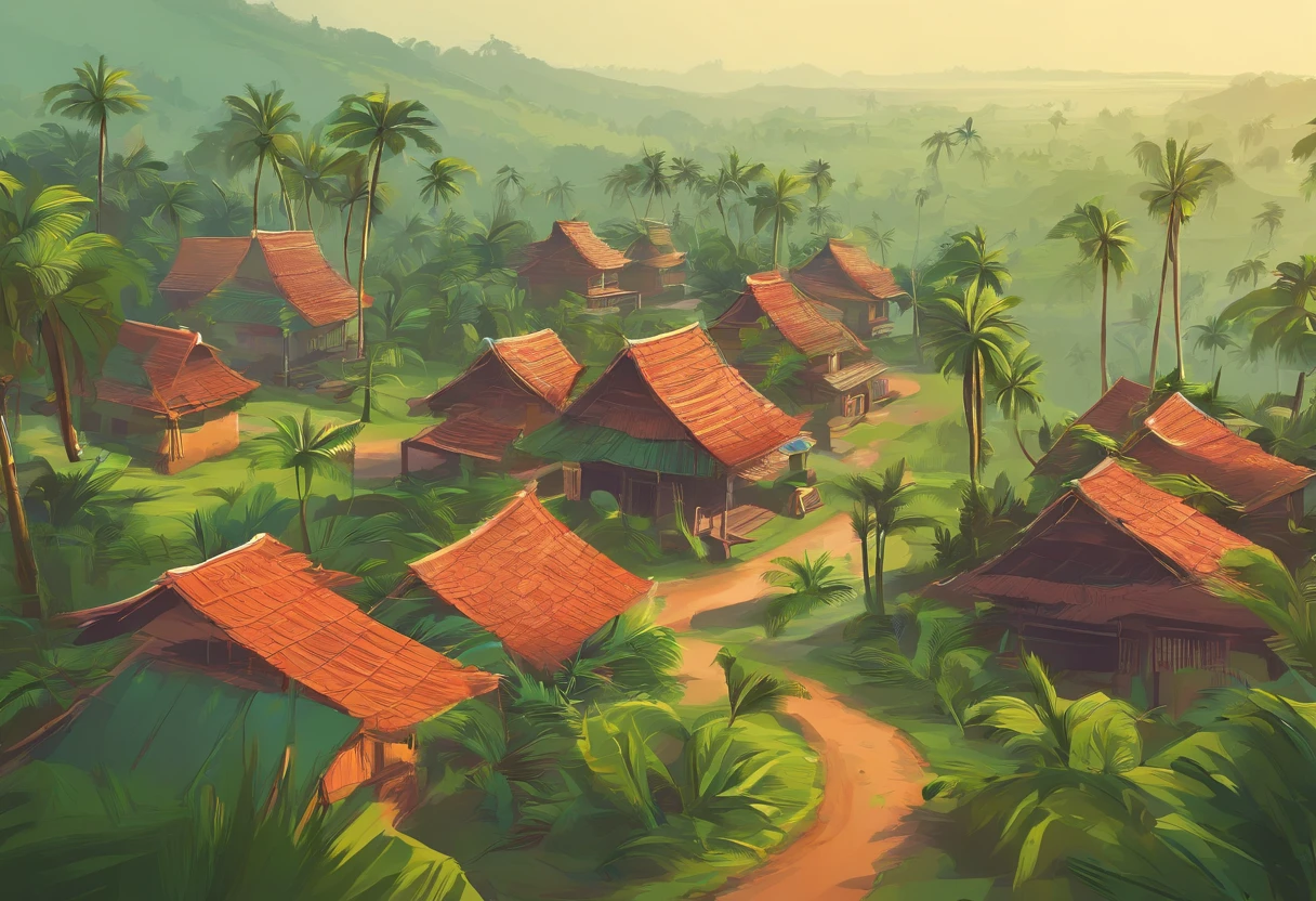 A scenic view of a rural village in Kerala, with traditional tiled-roof houses, coconut trees, and lush greenery in the background.ariel view, kerala coconut trees, kerala road