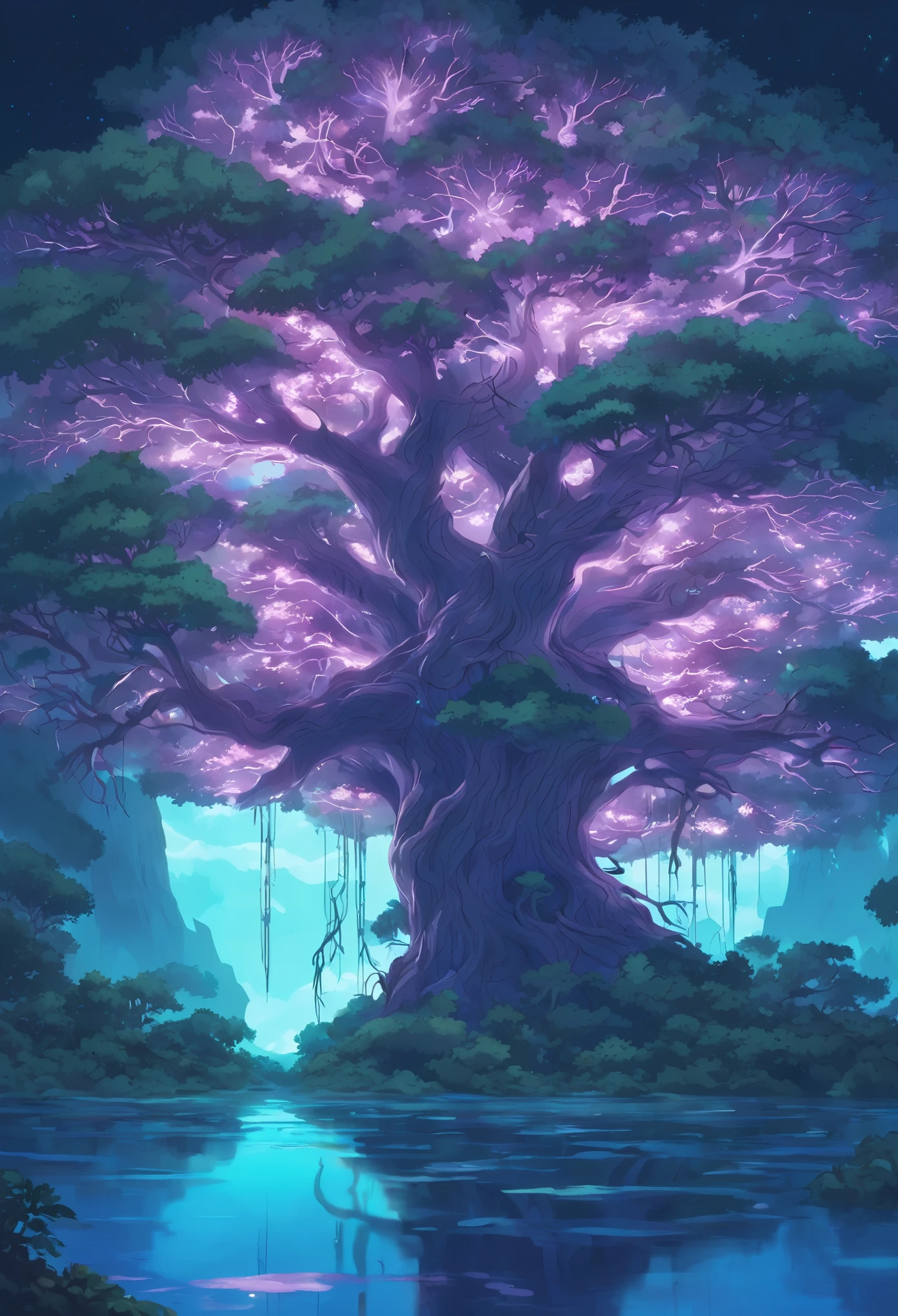 Luminescent Grand Tree, Colossal Mangrove Tree with Bioluminescent veins of light illuminating the alien jungle landscape, Grand Tree, Turquoise and Purple color scheme only, Turquoise and Purple colors only, Turquoise and Purple, Made in Abyss, Stormlight Archive, Studio Ghibli, Anime Key Visual, by Makoto Shinkai, Deep Color, Intricate, 8k resolution concept art, Natural Lighting, Beautiful Composition, Xianxia style