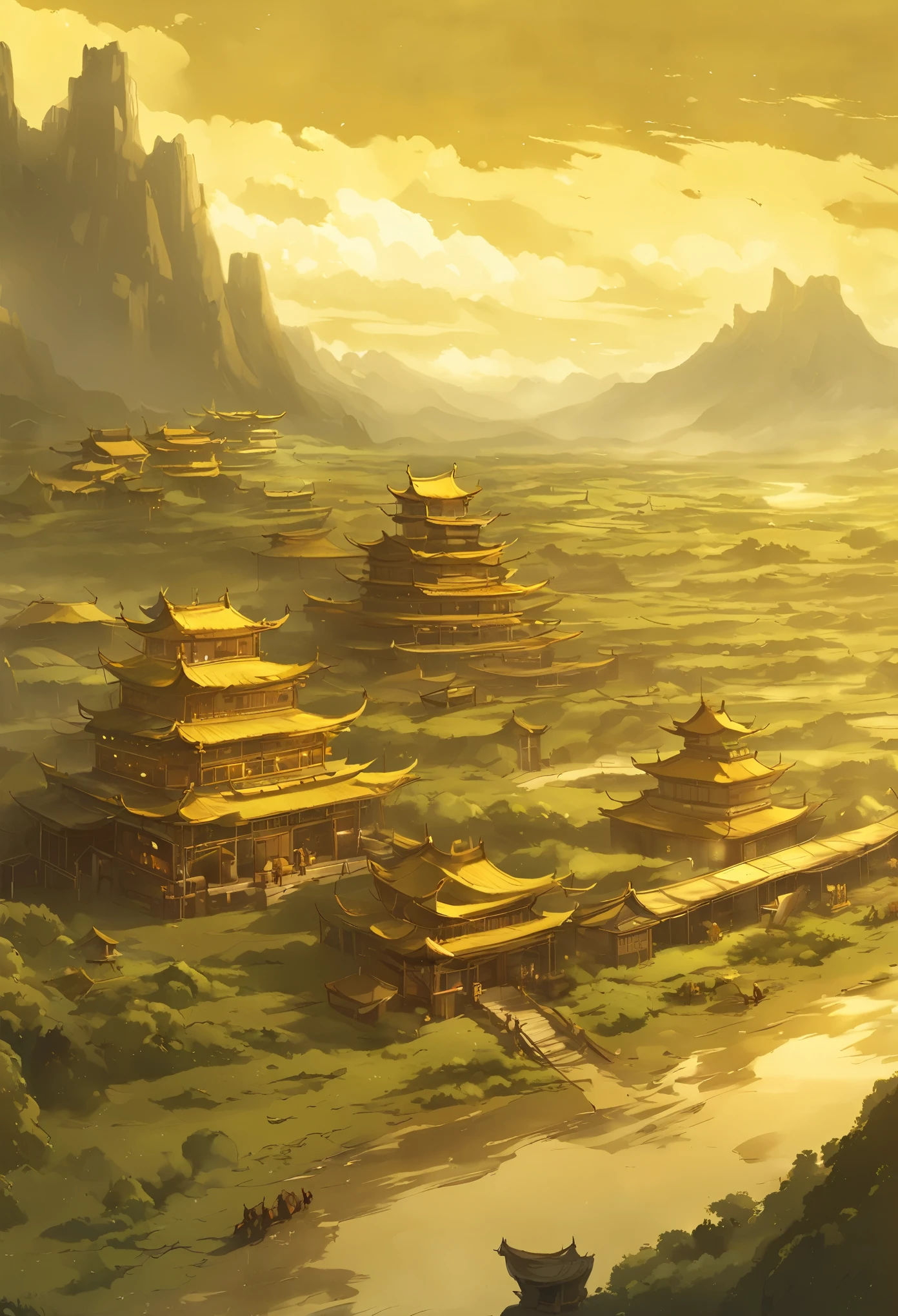 Nomadic Plains Caravan, A large ancient chinese trade caravan with countless wagons traveling through the golden mythical northern plains, Golden Mongolian Mythical Landscape, Golden color scheme only, Golden colors only, Golden, Made in Abyss, Stormlight Archive, Studio Ghibli, Anime Key Visual, by Makoto Shinkai, Deep Color, Intricate, 8k resolution concept art, Natural Lighting, Beautiful Composition, Xianxia style