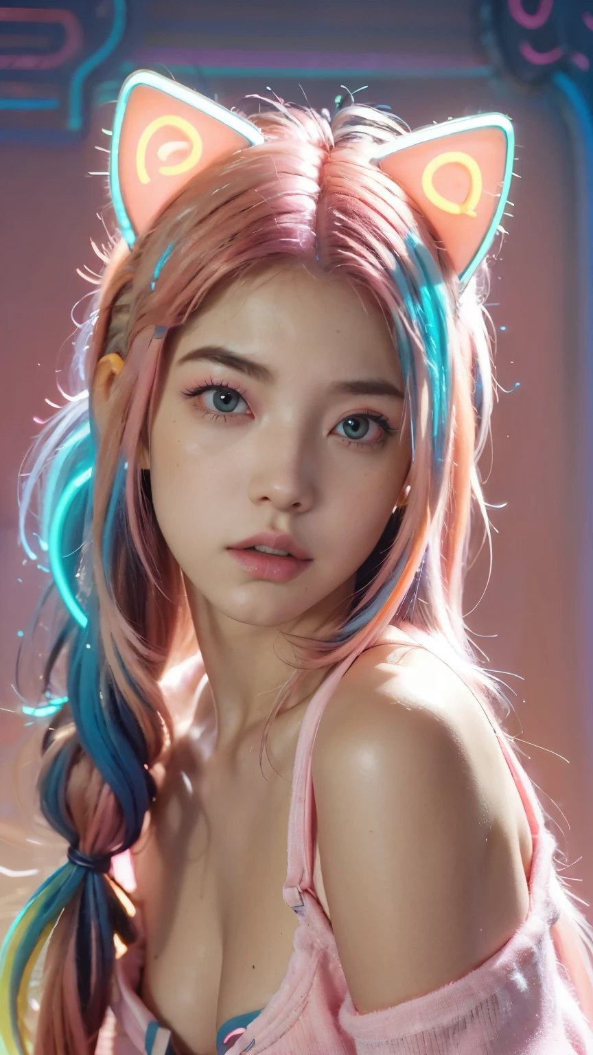 masterpiece, highest quality, Photorealistic, 4K, bokeh, enlightenment, (1 perfect portrait of a girl), (A fascinating eye for perfect detail), colorful hair, (gradient hair), (neon pink hair:1.6), (Cat ear:1.2), Slim and tall body type, fantasy background, exposed bare shoulders, long-term alienation sleeve, lean forward a little, If you look up, hair ornaments , Little head tilt, , movie lighting, oversized clothes, ((seductive pose)), (neon pink background:1.6), Close up,