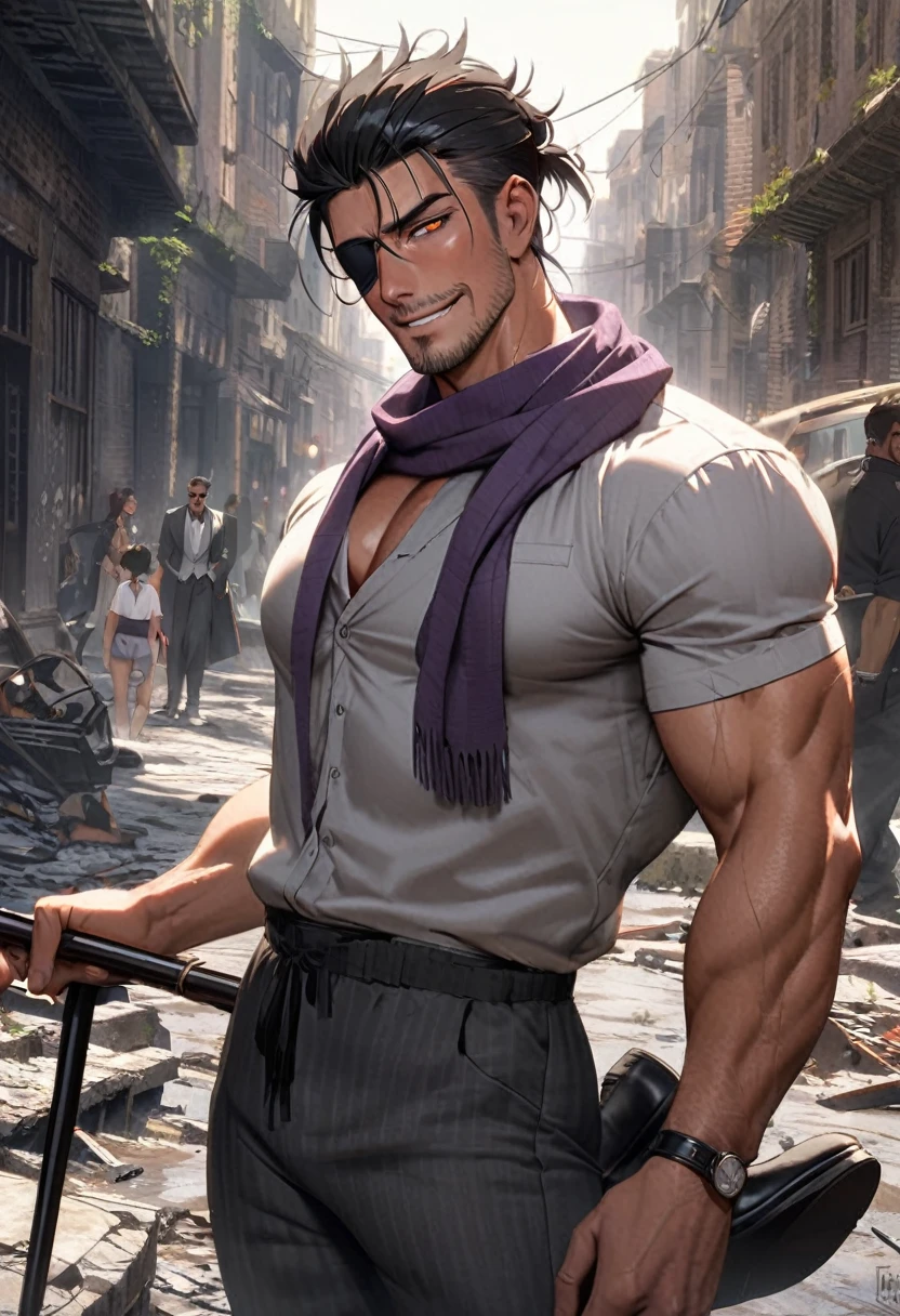 Elegant man, in his 40s or 50s, mature, dark black hair, short straight hair, hair up to neck height, orange eyes, black eye patch, gray social blouse, dark blouse underneath, purple scarf on tie, gray social pants, black social shoe, ivory colored cane, smiling discreetly, muscular man, Scenery abandoned city, wreckage, beautiful man. Attractive man, dilf, seductive.