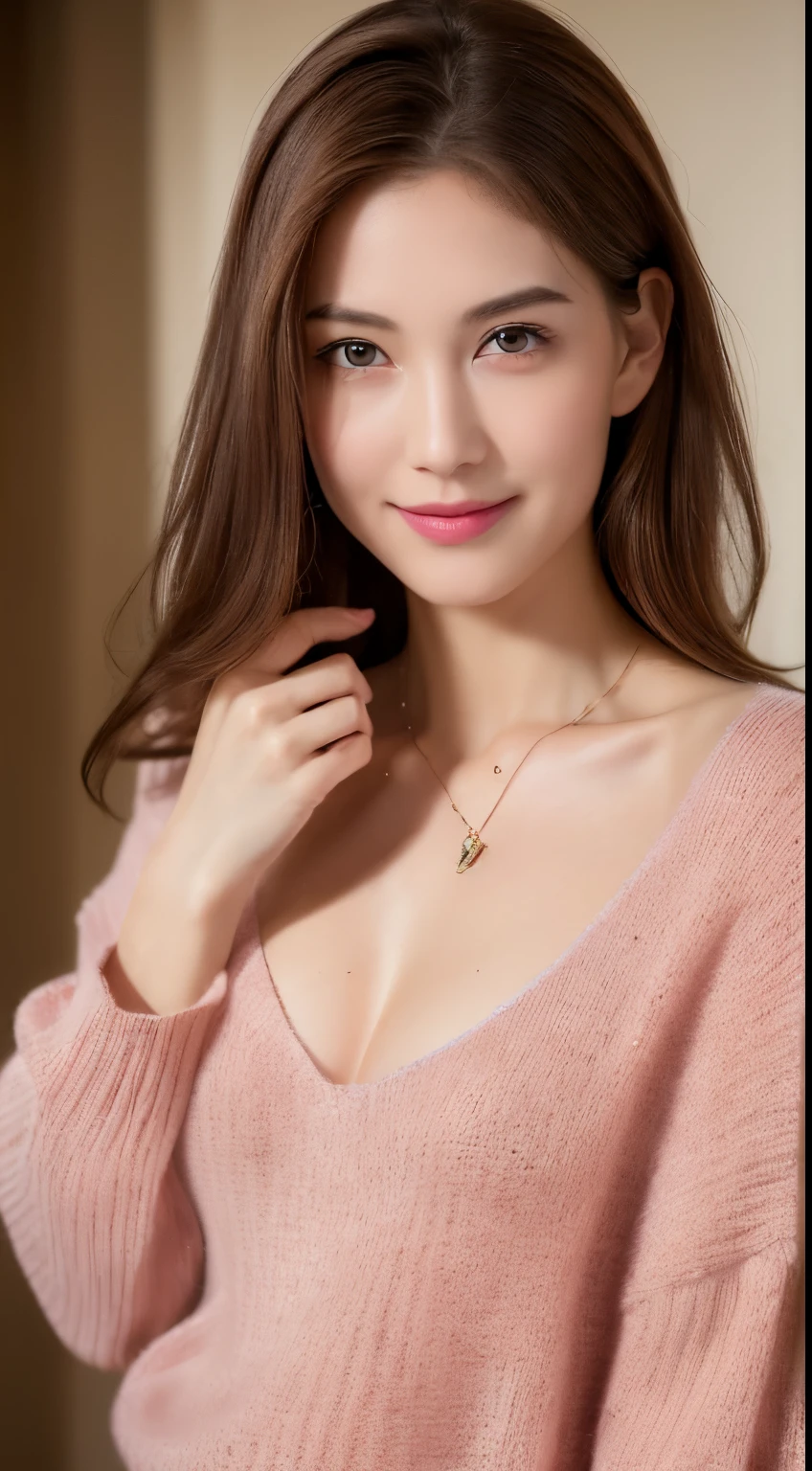 ((night, realistic light, best quality, 8K, masterpiece: 1.3)), 1 girl, slender beauty: 1.4, abdominal muscles: 1.1, (brown hair, medium breasts: 1.3), pink long sweater: 1.1, bathroom, The face is super delicate, exquisite eyes, double eyelids, Smile, necklace