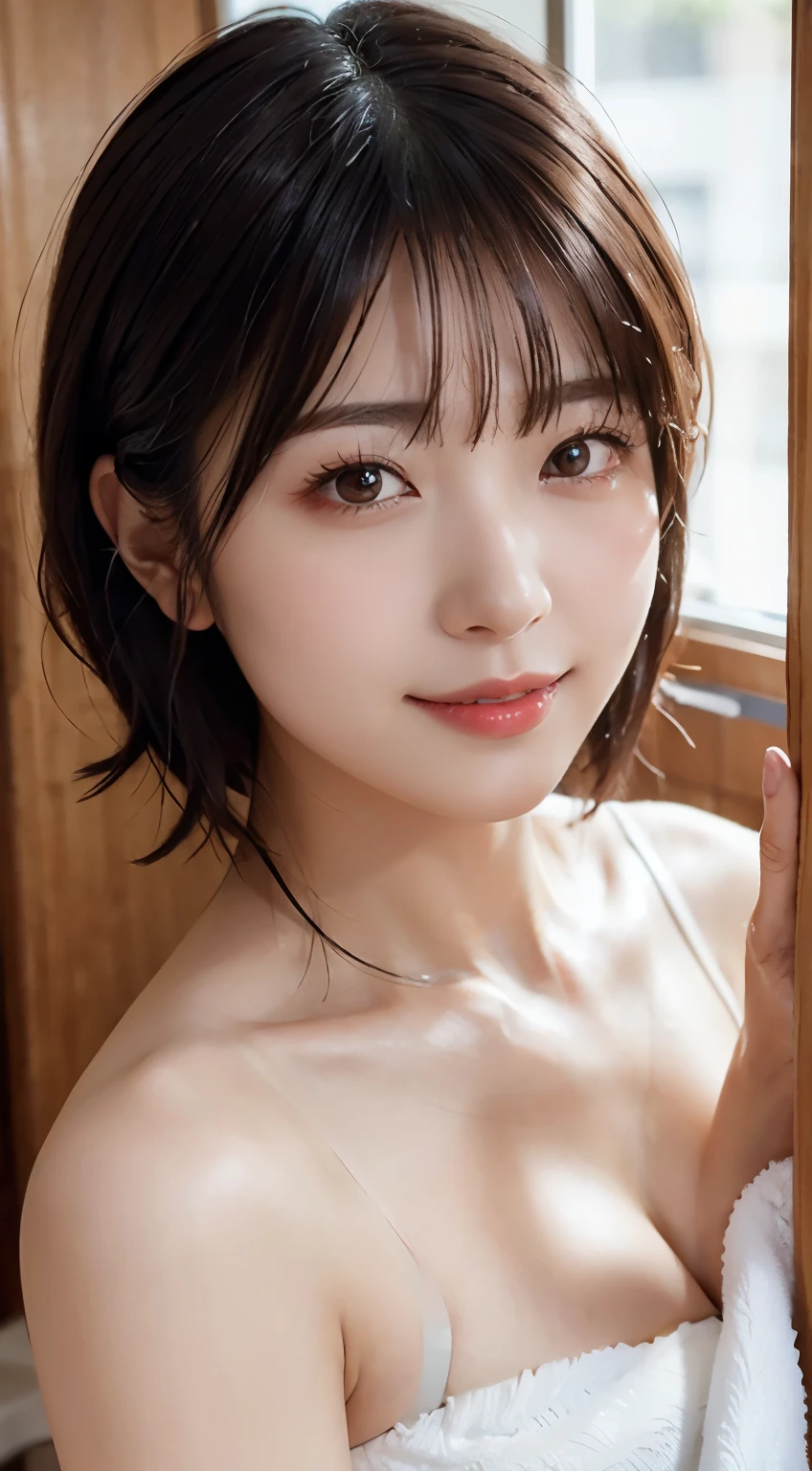 (4K quality:1.3),(Best Quality:1.5),(Whitening:1.4),(Beautiful Skin:1.4),(10th Generation:1.5),(Baby Face:1.5),(The ultimate beauty:1.5),(Arisa Hanyu:1.4),rich,Upper Body,smile,(Completely naked:1.6),(After a bath:1.4),(Cover your chest with a bath towel you are holding:1.3),(jewelry),(Super Celebrity),(Supermodel),(Tight waist:1.4),(Night viewの良いホテル:1.1),(luxury:1.2),(Arisa Hanyu:1.5),(Anorexia:1.4),(Night view:1.3),(Face close-up:1.2),Catchlight,(Child&#39;s face),(smile:1.1),(Half Up Hair:1.3),(Bright Blue Eyes),(2D cuteness:1.5),(Cute Makeup),Beautiful fingertips,(Transparent white skin),(albino),(Light hits the subject:1.3),Best Shot