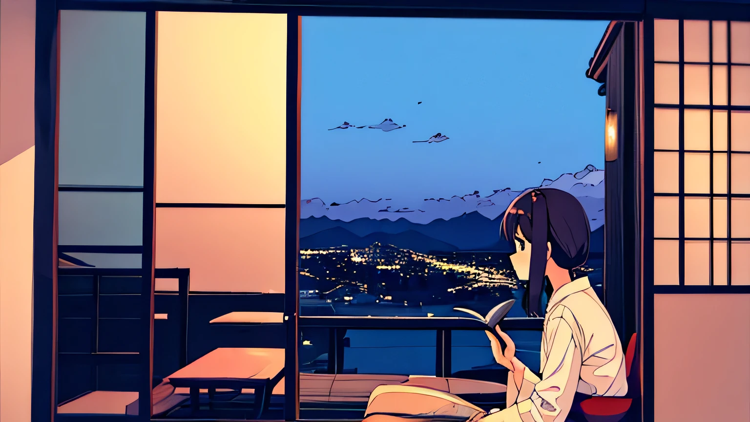 city pop、girl、anime、night view、Cat、relax、You can see the townscape from the window、Wearing headphones、night viewを眺めている、The wind is blowing、inside the room、dim、indirect lighting、reading a book、Foliage plant、Taken from a little distance、looking out the window、Looking out the window、Japan、indirect lighting、Cat、late night、high resolution、Details down to the last detail、high quality、high quality