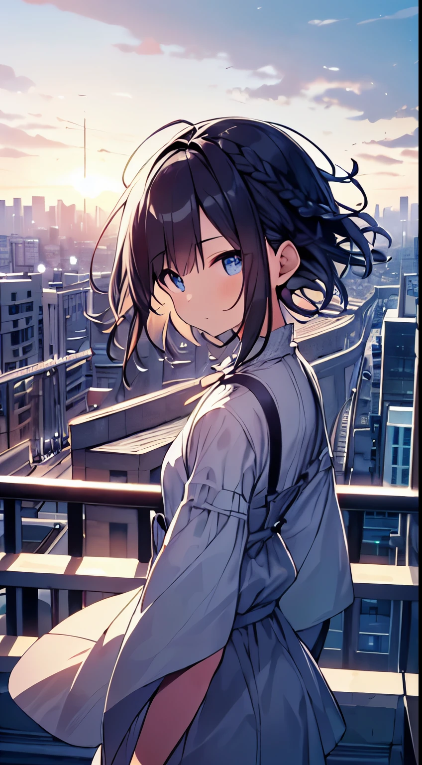 table top, highest quality,figure, wallpaper, Super detailed, absurd, 1 girl, alone, (medium short hair、short braided hair), detailed and beautiful eyes , (street:1.3), Bright sky after rain、hair blowing in the wind,(panoramic view:1.3),(sense of depth:1.5),(long shot:1.3)