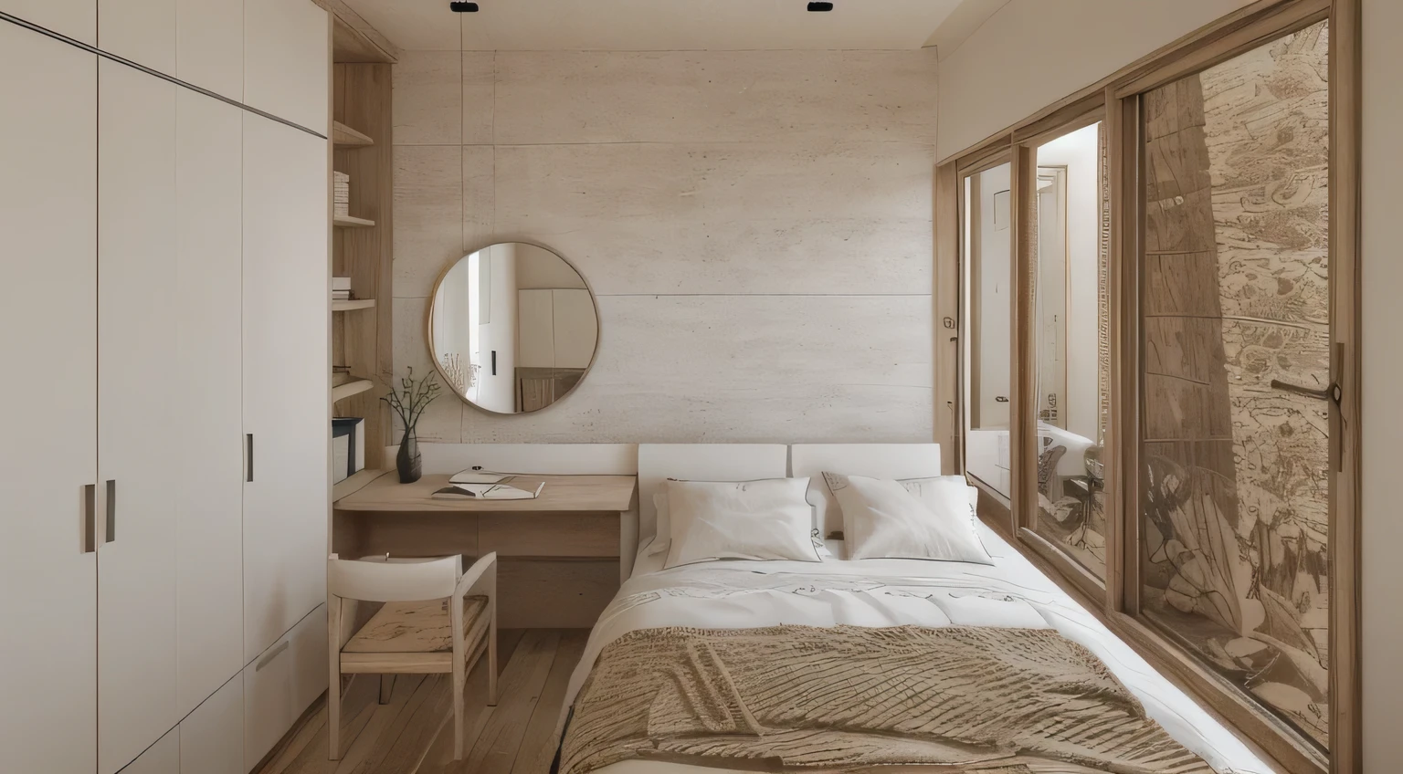 wabi-sabi bedroom interior, wabi-sabi interior style, design tends to be minimalist, calming and natural atmosphere, ((gray and white color scheme)), ((rough-hewn wood)), handmade textiles,natural fabrics, tab, lamp, rug, wood floor, drapes,glass window, door, (rough-hewn ceiling), (rough-hewn wall), wardrobe, rough-hewn wood cabinet, picture frames, antique furniture and decor items, cinematic