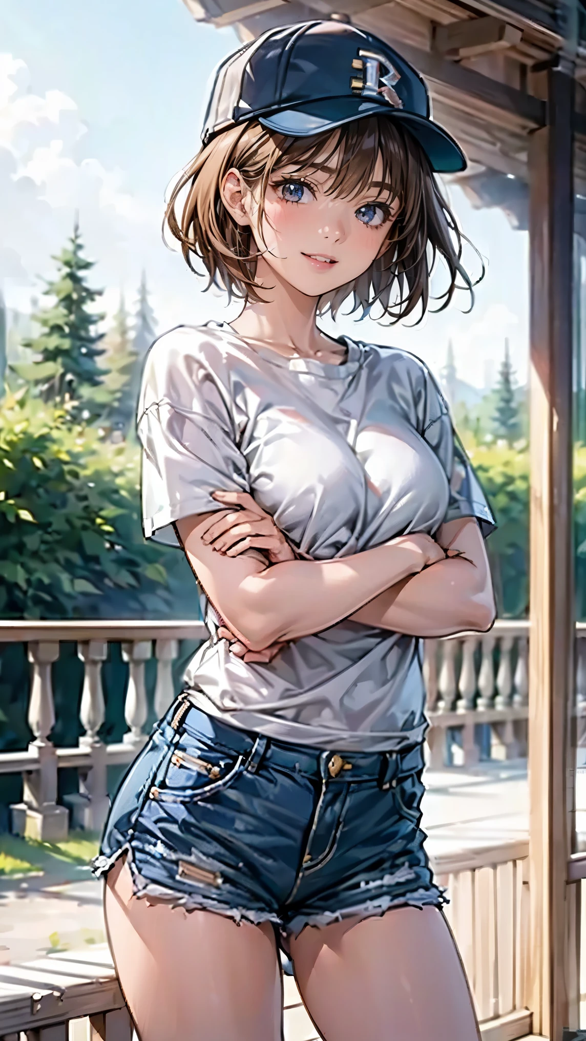 A breathtaking masterpiece、Captured in breathtaking 8K resolution、The portraits are exquisitely detailed and realistic.。The scene is bathed in HDR light.、Depicts a beautiful woman at a medium distance、((brown hair, short hair)), ((baseball cap, plain t-shirt, shorts)), In a perfect contrapposto pose、Her hands were delicately placed on her head、Smiling amiably at the viewer。She exudes an aura of grace and charm.。