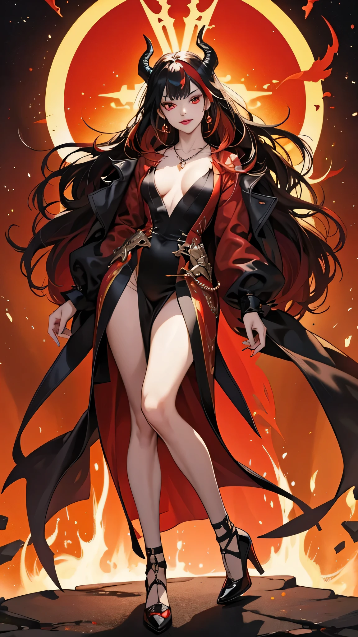 8k, masterpiece, best quality, highly detailed, 1girl, demon girl, Fierna, multicolored hair, long straight hair red highlight hair on black hair, strippled hair, red lipsticks , earrings, necklace, glowing red eyes, glamorous, high heels, palace, roses, black and gold leather suit, villainy, smirk, seductive pose, close up view, rings, looking at viewer, demon horns, standing, vintage, reddish skin, demon tail, demon wing. Fiery, hells, throne room.
