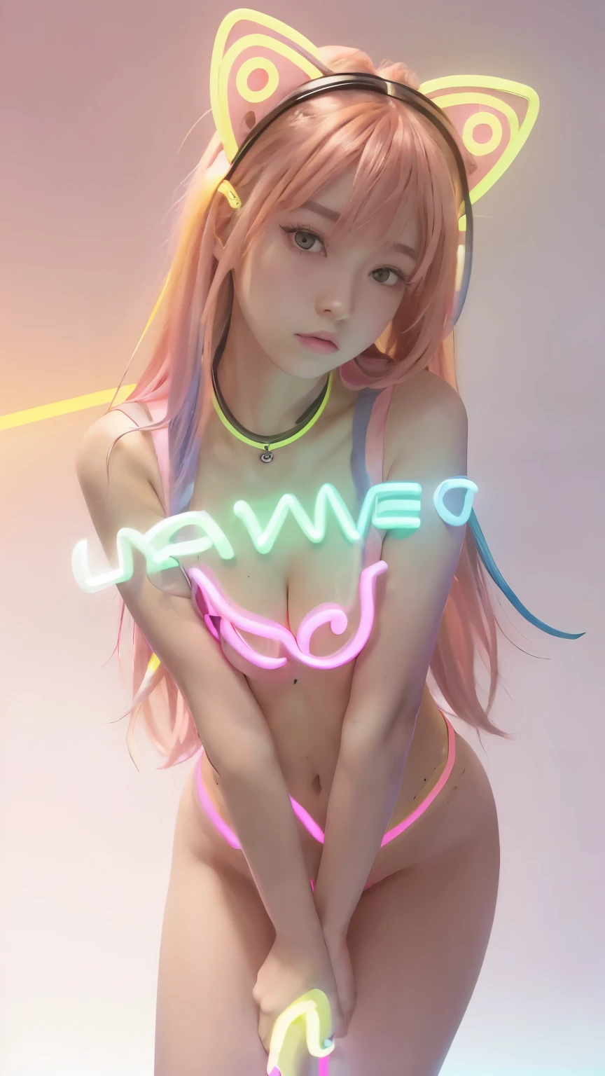 masterpiece, highest quality, Photorealistic, 4K, bokeh, enlightenment, (1 perfect portrait of a girl), (A fascinating eye for perfect detail), colorful hair, (gradient hair), (neon pink hair:1.6), (Cat ear:1.2), Slim and tall body type, fantasy background, exposed bare shoulders, long-term alienation sleeve, lean forward a little, If you look up, hair ornaments , Little head tilt, , movie lighting, oversized clothes, ((seductive pose)), (neon pink background:1.6), Close up,