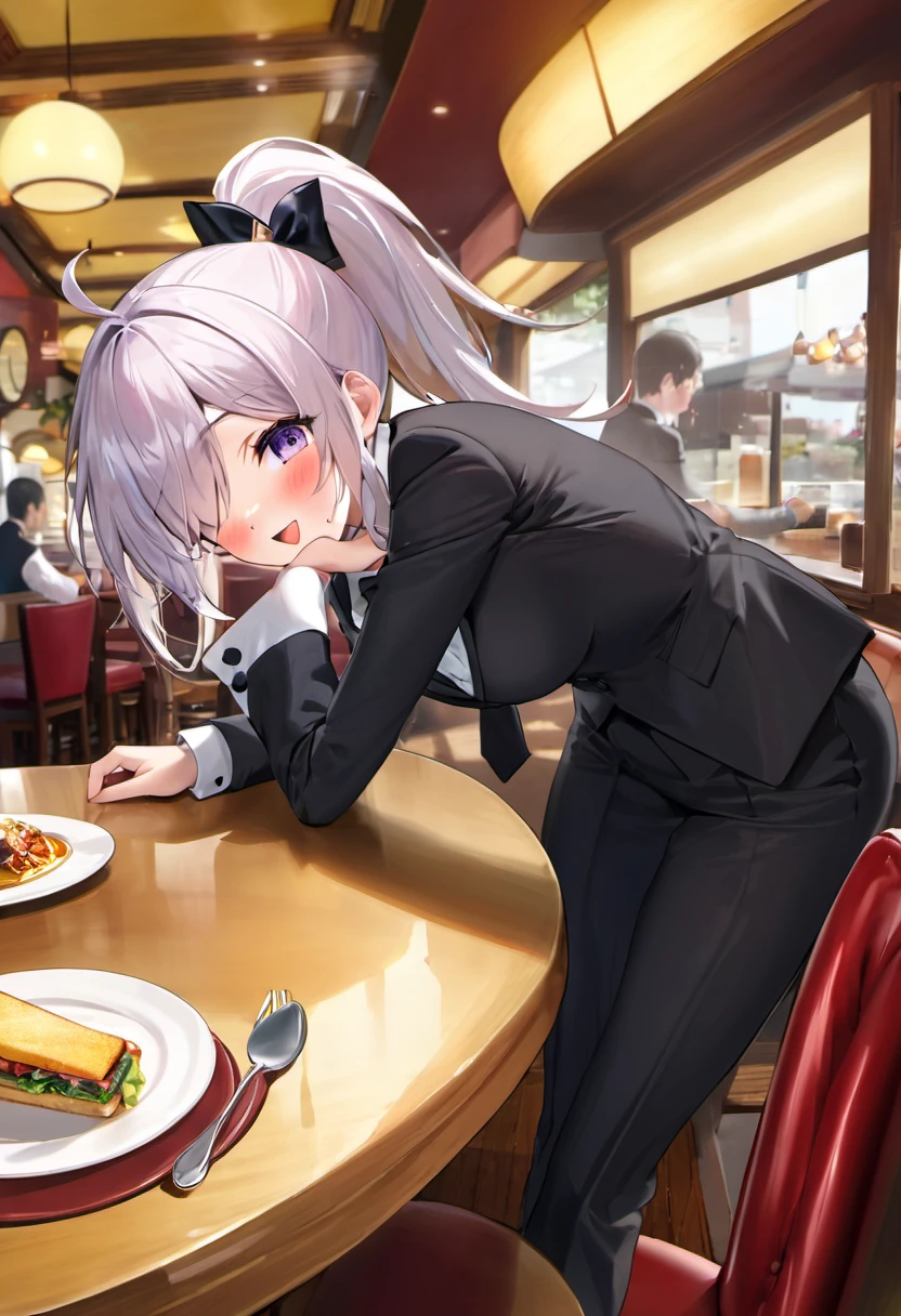 a girl with short ponytail laying in the table in a restaurant wearing formal suit,  clear eye, perfect body,  (look down at the viewer:0.8), (pureerosface_v1:0.2), detached sleeves, open mouth, bangs, 1girl, shiny skin, (masterpiece;1.0), (sharp focus:1.2), 