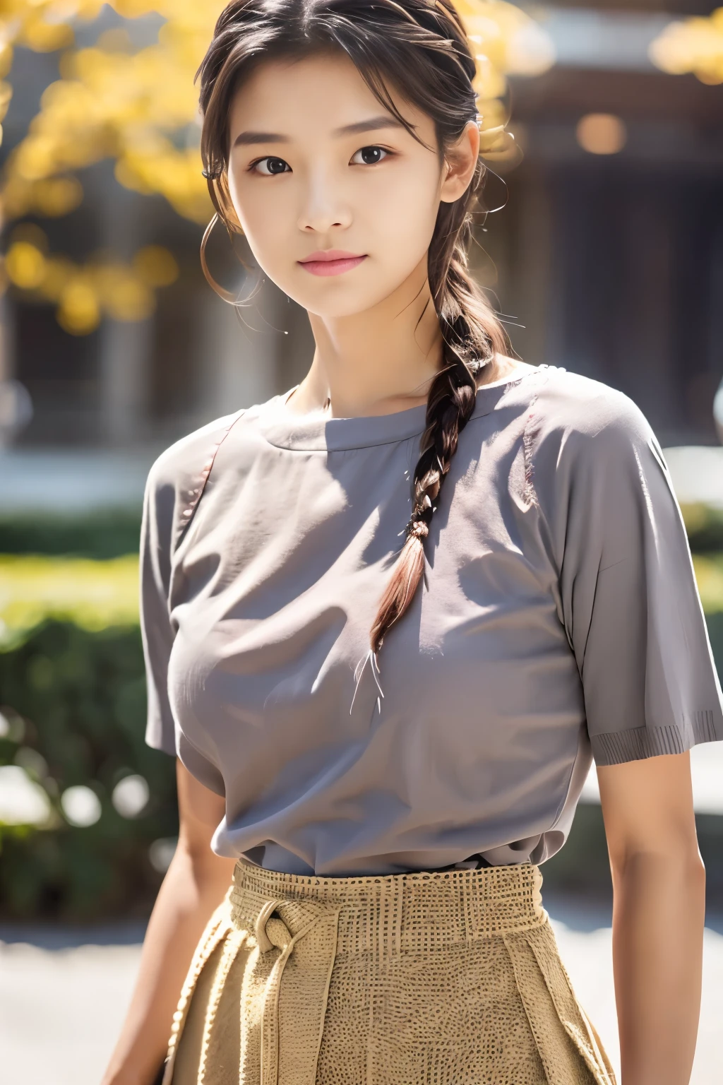 1girl , Wearing (Grey knitted shirt、Red bean-colored long skirt、), (Lighting-Gold:1.3), (masterpiece) (Photorealistic:1.7) (Best Quality),braided ponytail, hairclip, bokeh, Canon, UHD, masterpiece, anatomically correct, textured skin, high details, high quality, 8k