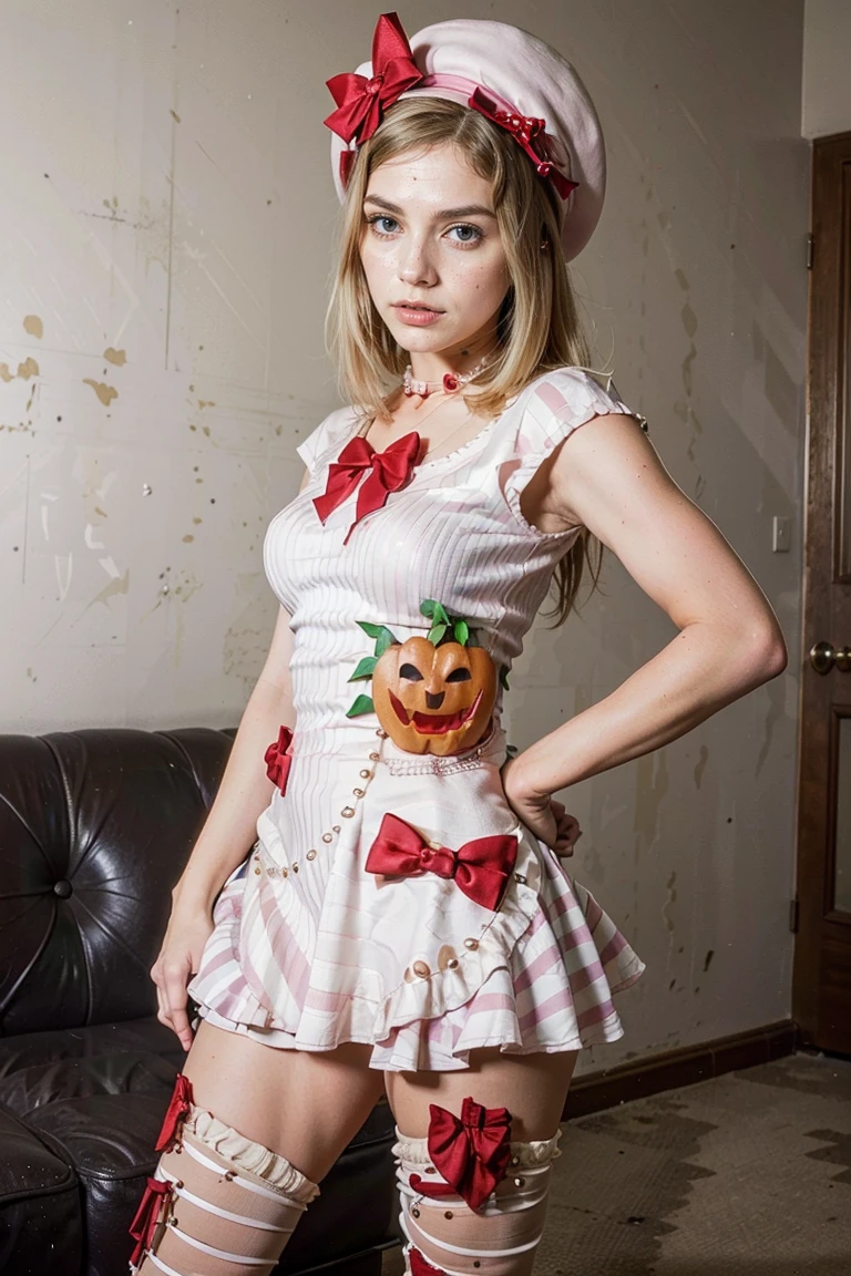 (1 lady), The beautiful, (Best quality at best:1.4), (ultra - detailed), (extremely detailed CG unified 16k), gold blonde hair, very detailed, High-definition RAW color photo, professional photoshooting, amazing face and eyes, cosmetics, (amazingly beautiful girl), ((lambdadelta, tall woman, taller)), ((dress, shoes bow, red shoes, striped stockings, red bow, pink hat, necklace, gloves, pearl, pumpkin brooch, pink dress)), (standing split, sexyposture),(White room, sun light, windows lights:1.3), (look from down), realistic cinematic face, head to feet long wide zoomed out view, full body long view, photorealistic, ((realistic natural blonde hair style, honey eyes)), gorgeous, extremely beautiful face, perfect model beauty, pout mouth, flirting smile, cleavages, city girl, western, shopping in the city, (masterpiece), best quality, high resolution, extremely detailed, blurred background, depth of field, cinematic lighting, (amazing legs, strong legs, athletic legs), high heels, clear and well-cared skin