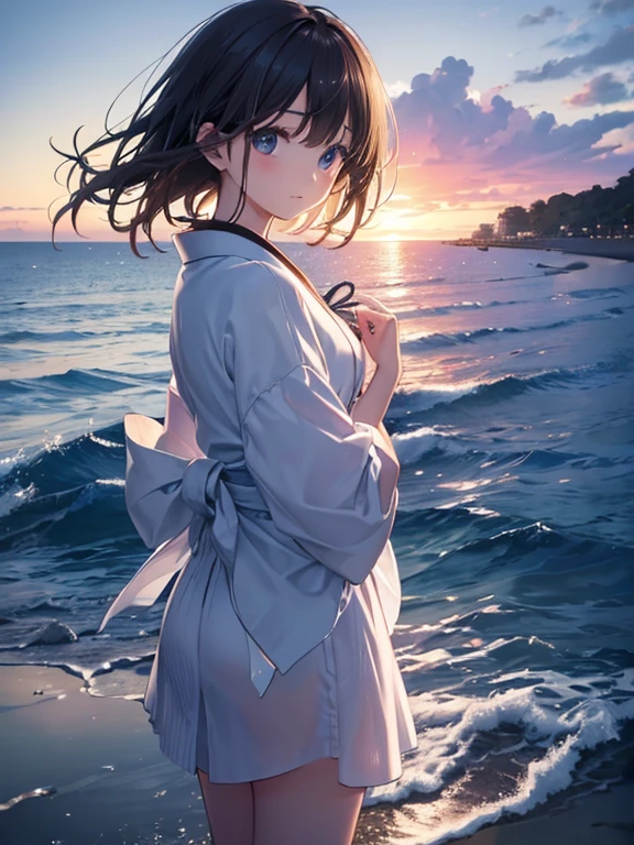 (Close-up:1.4)、(RAW photo:1.2)、(photorealistic:1.4)、(masterpiece:1.3)、(highest quality:1.4)、young japanese woman、(night scenery:1.2)、thin clothes、girl、Put one foot in the sea、standing on tiptoe、cute girl、Landscape、Between the horizon and the sea、view from the side、Ripples spreading from the toes、Standing about 20 meters away、on the sea、beach、The whole scene shineeteors、illumination、