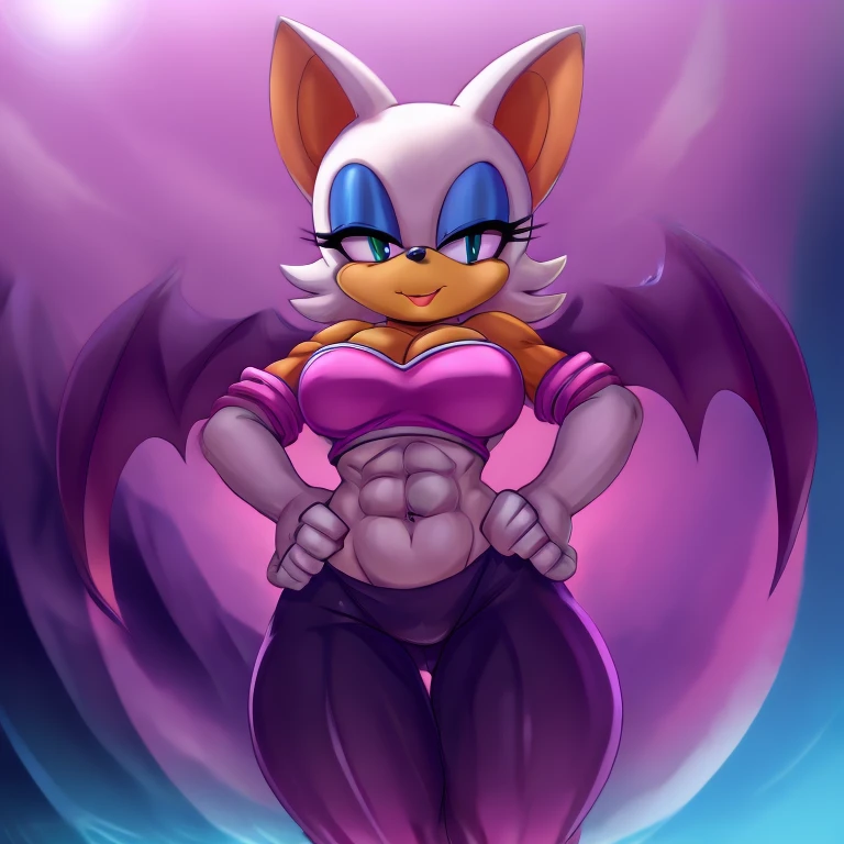 Rouge the bat with abs wearing a crop top of her original outfit with a bare midriff and a bare navel 