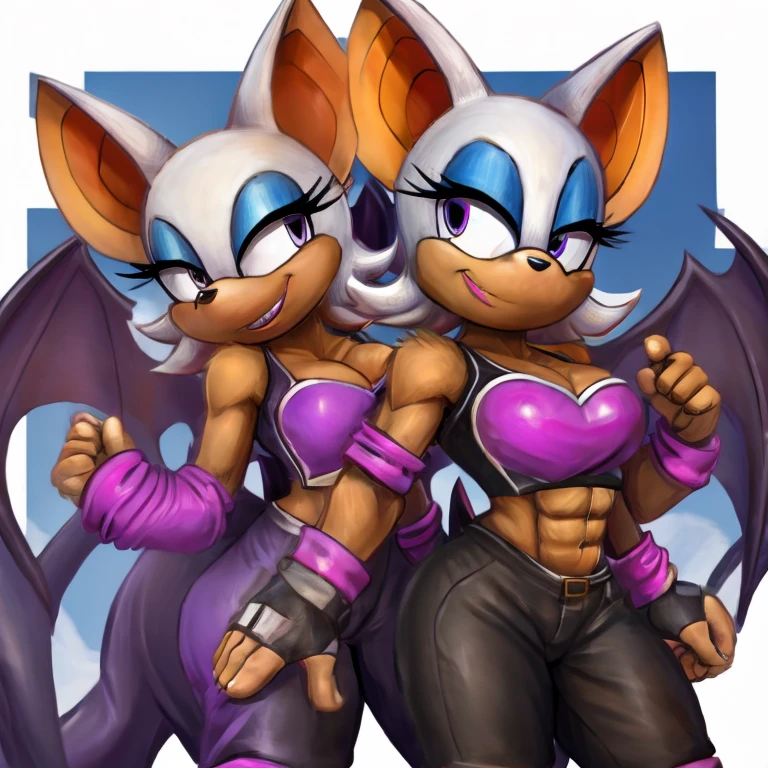 Rouge the bat with abs wearing a crop top of her original outfit with a bare midriff and a bare navel